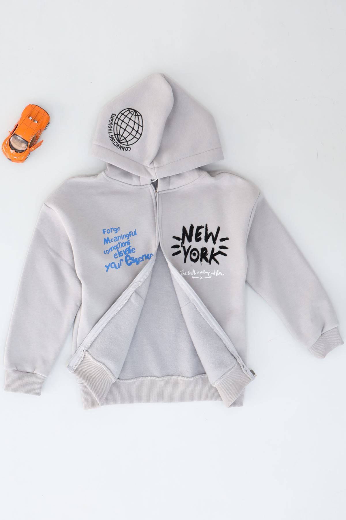 8-12 Yaş 3 İplik Şardonlu Fermuarlı Sweat Gri - 3264309.1576.