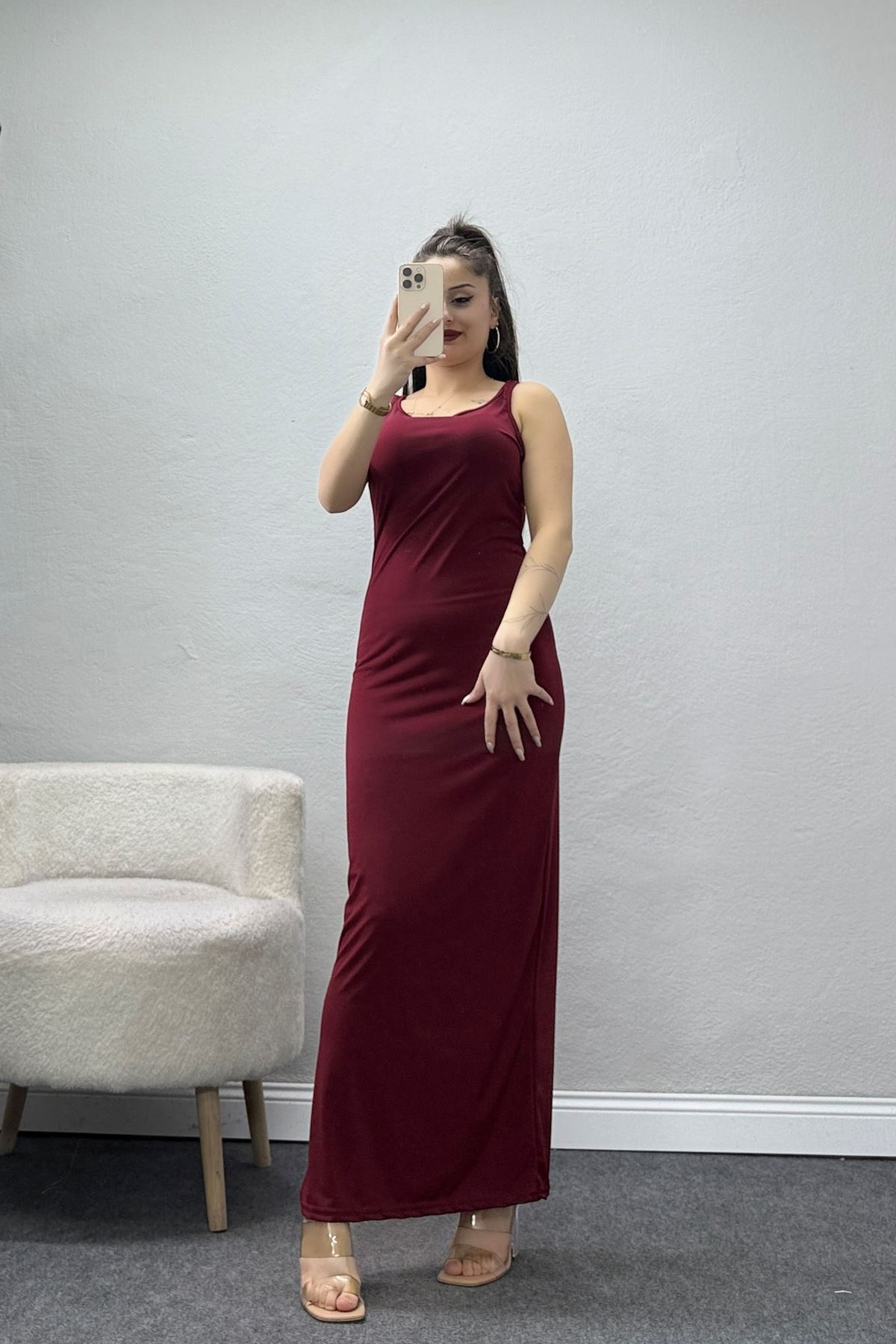 Kalın Askılı Sandy Elbise Bordo - 70833.1949.