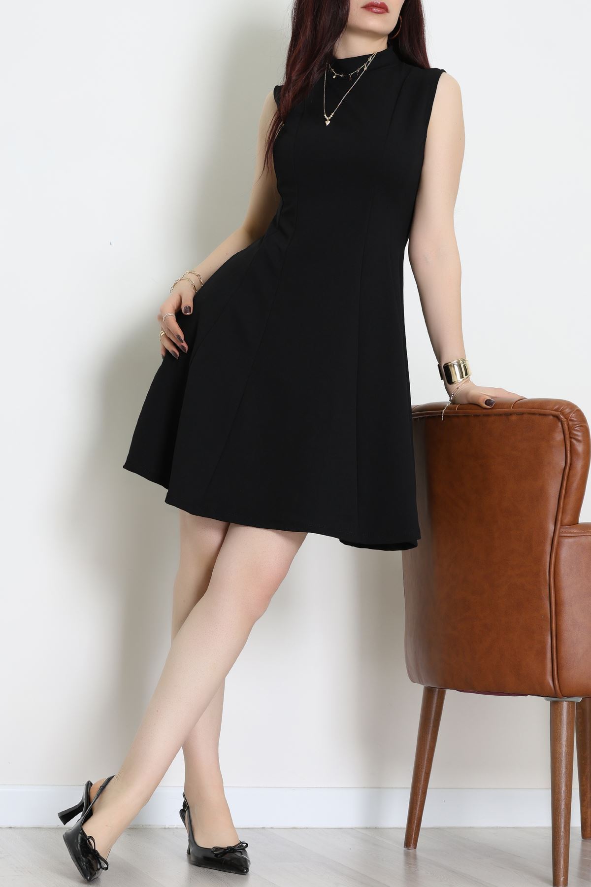 Dik Yaka İthal Krep 11 Parça Mini Elbise Siyah - 70816.1592.