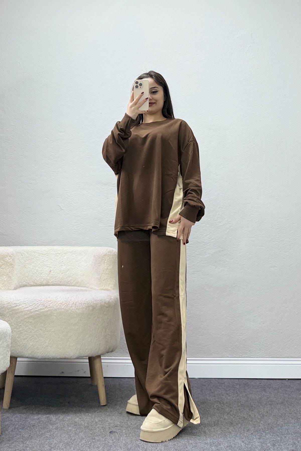 Şeritli 2 İplik Eşofman Takımı Kahvebej - 52180.1857.