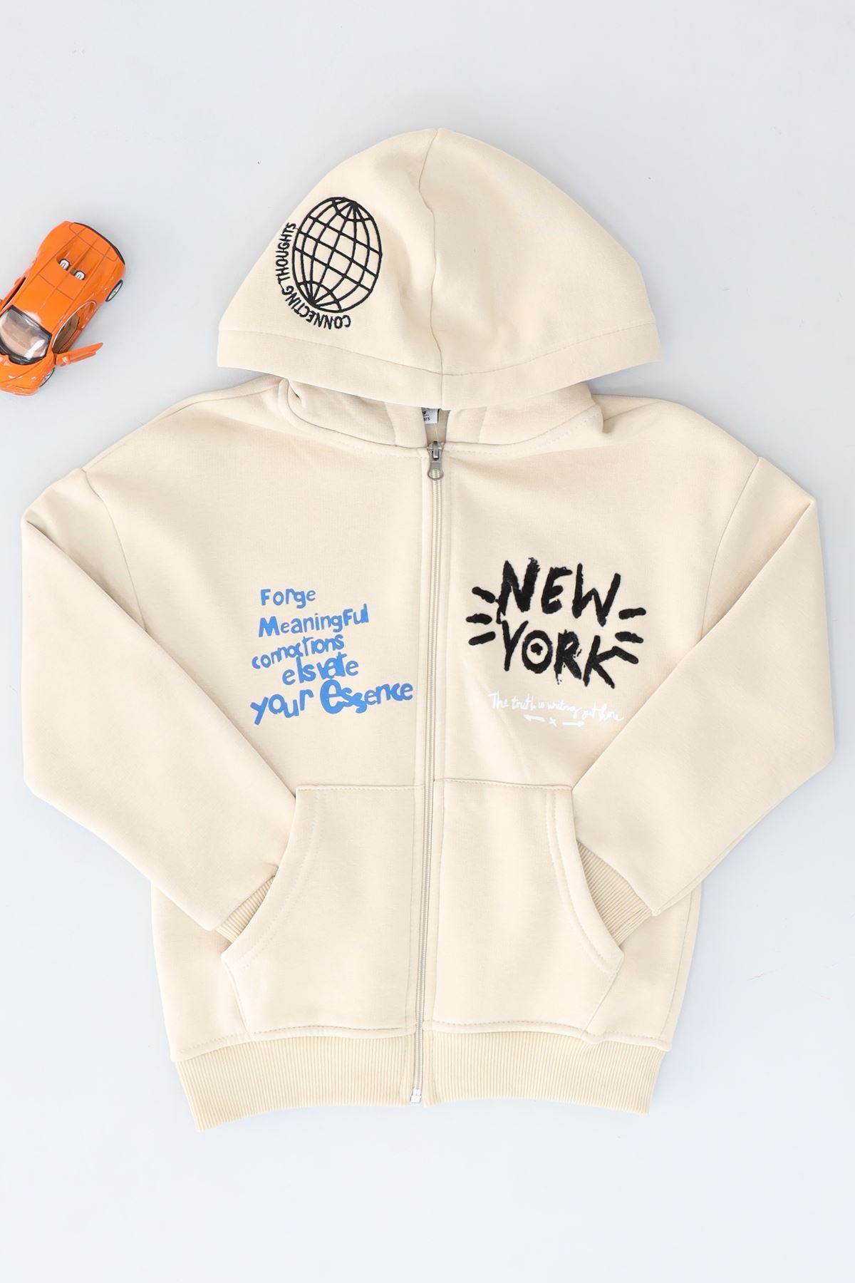 8-12 Yaş 3 İplik Şardonlu Fermuarlı Sweat Bej - 3264309.1576.