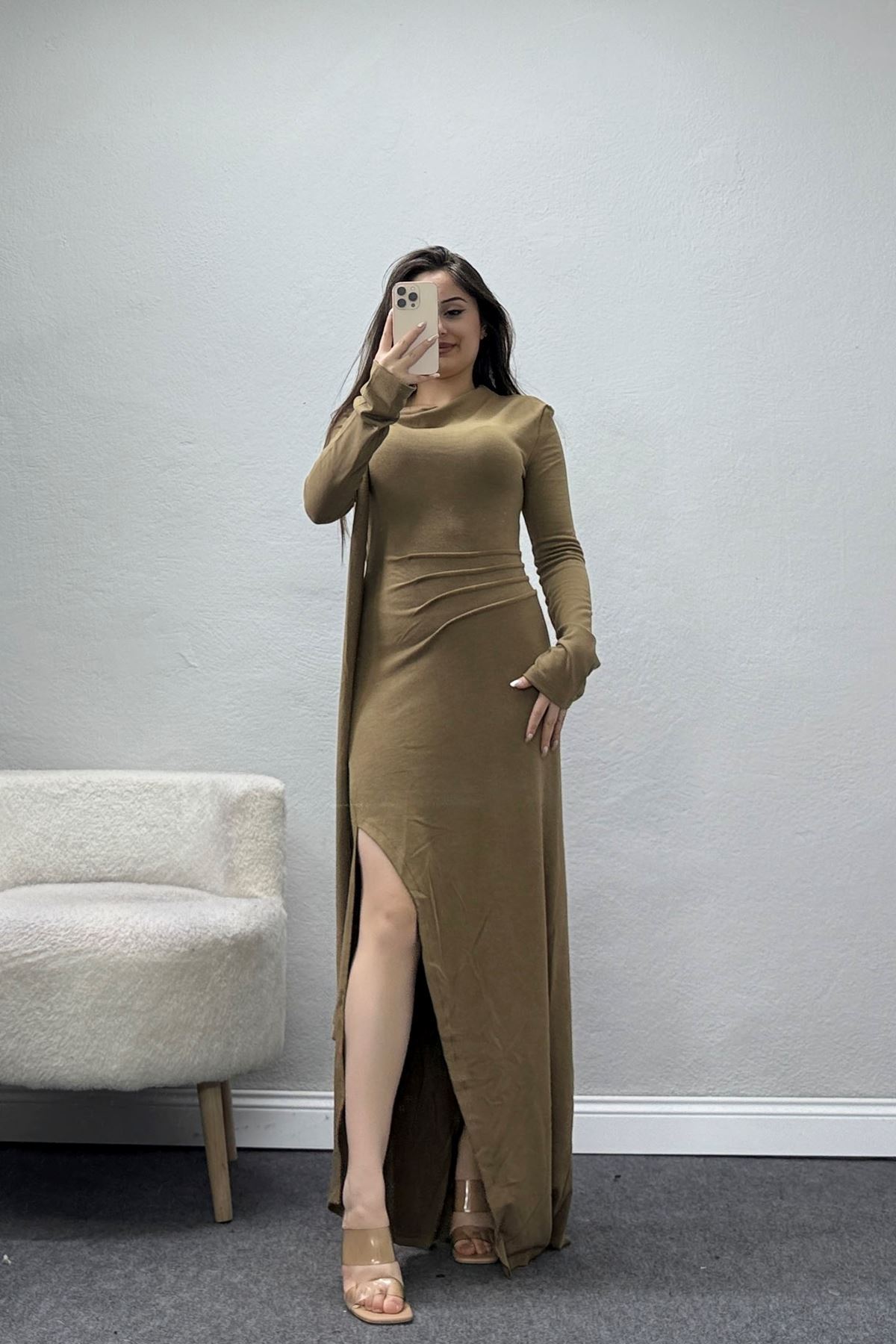 Şal Yaka Uzun Elbise Vizon - 111659.444.