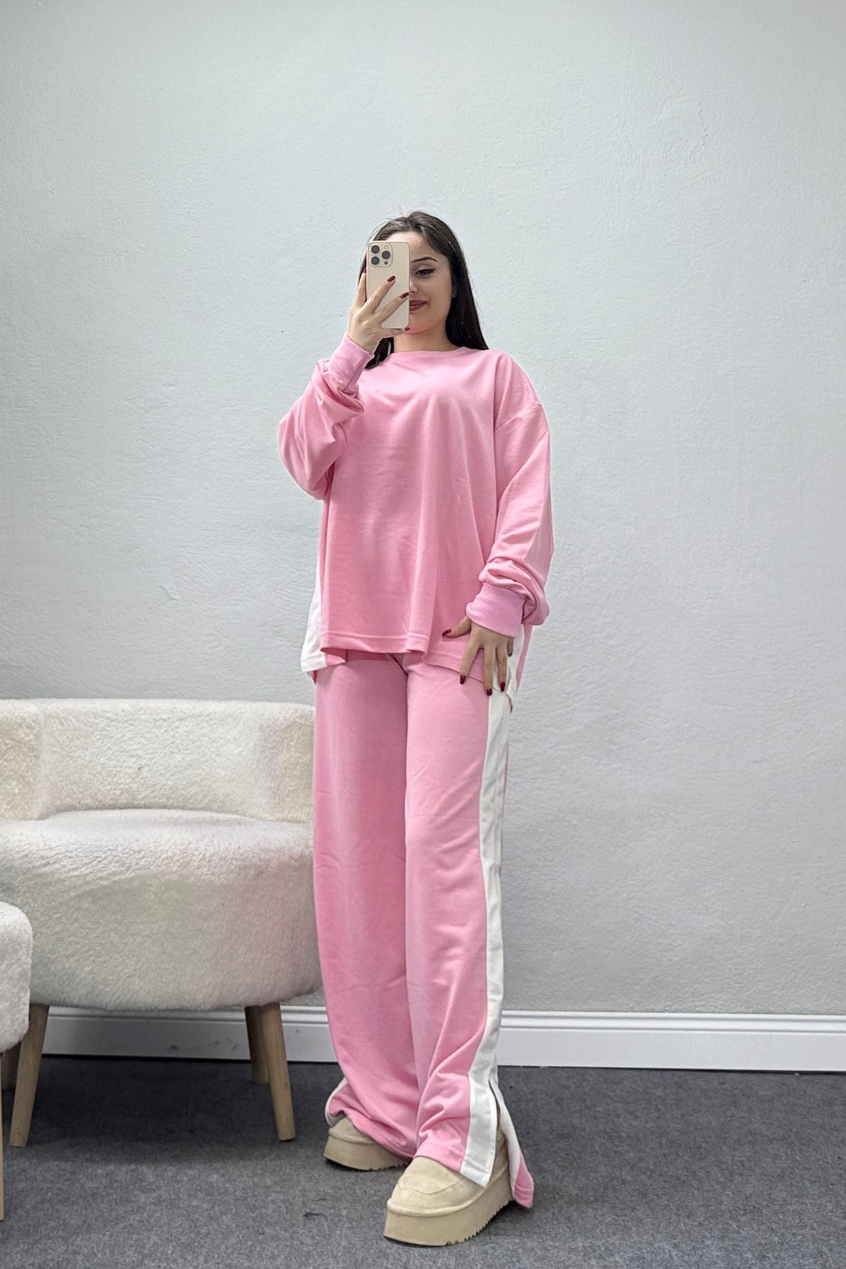 Şeritli 2 İplik Eşofman Takımı Pembebeyaz - 52180.1857.