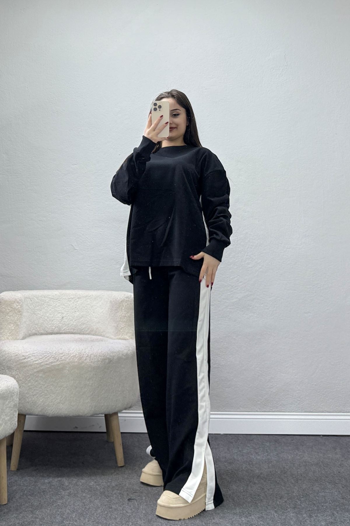 Şeritli 2 İplik Eşofman Takımı Siyahbeyaz - 52180.1857.