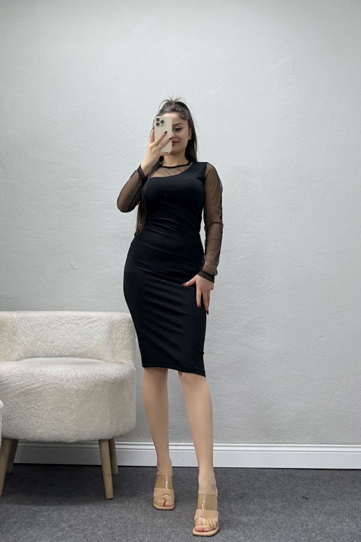 Sandy Kumaş Tek Omuz Tasarım Elbise Siyah - 31735.2115.