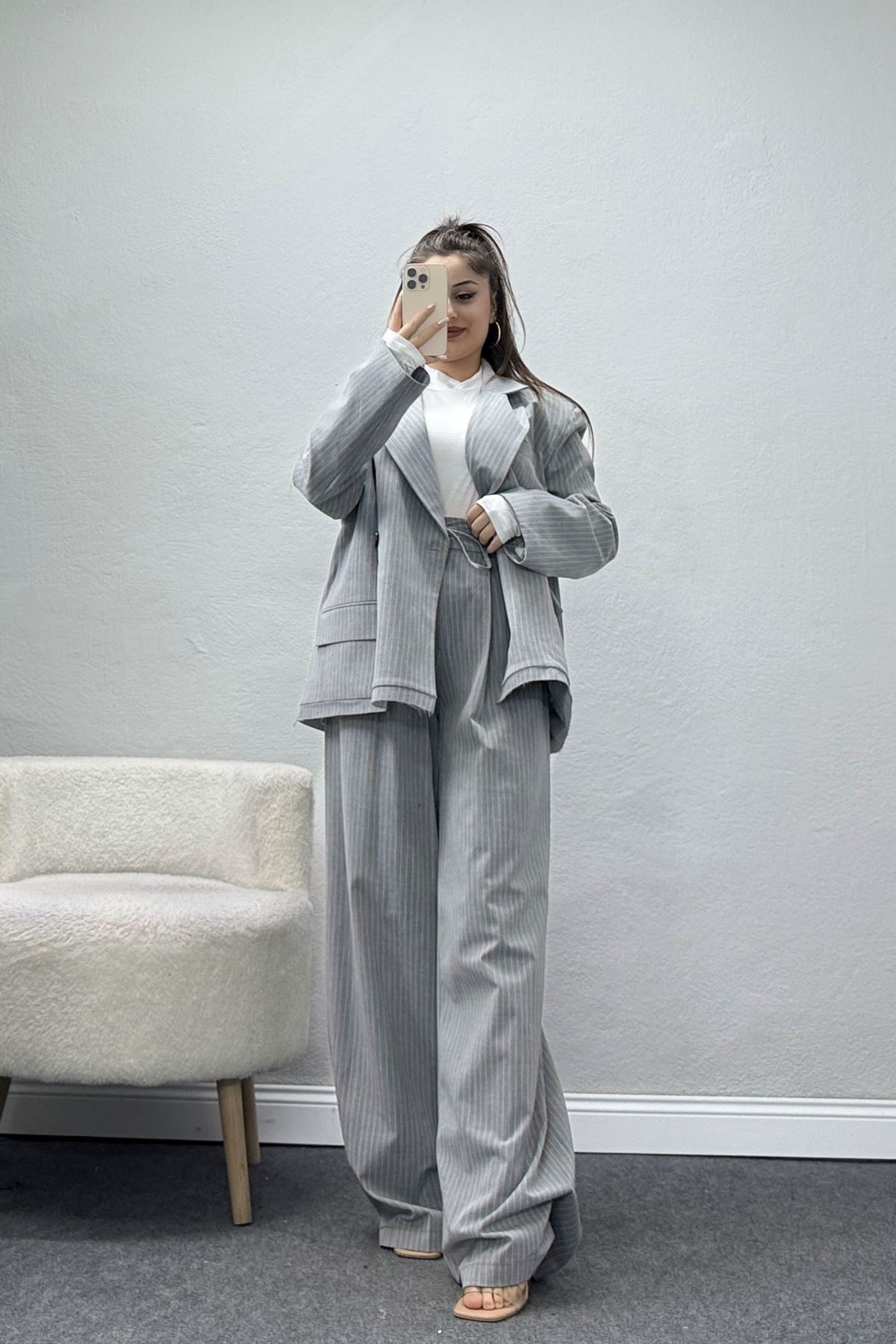 Çizgili Ceket Takım Gri - 9519.1995.