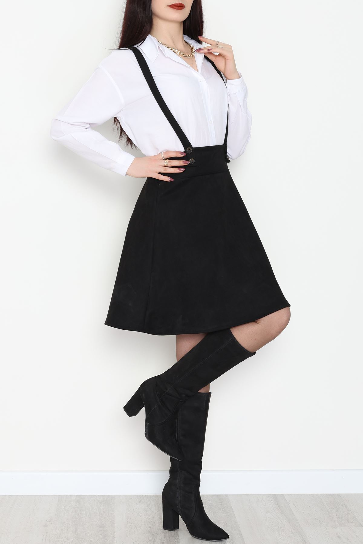 Askılı Düğmeli Süet Elbise Siyah - 42680.1256.