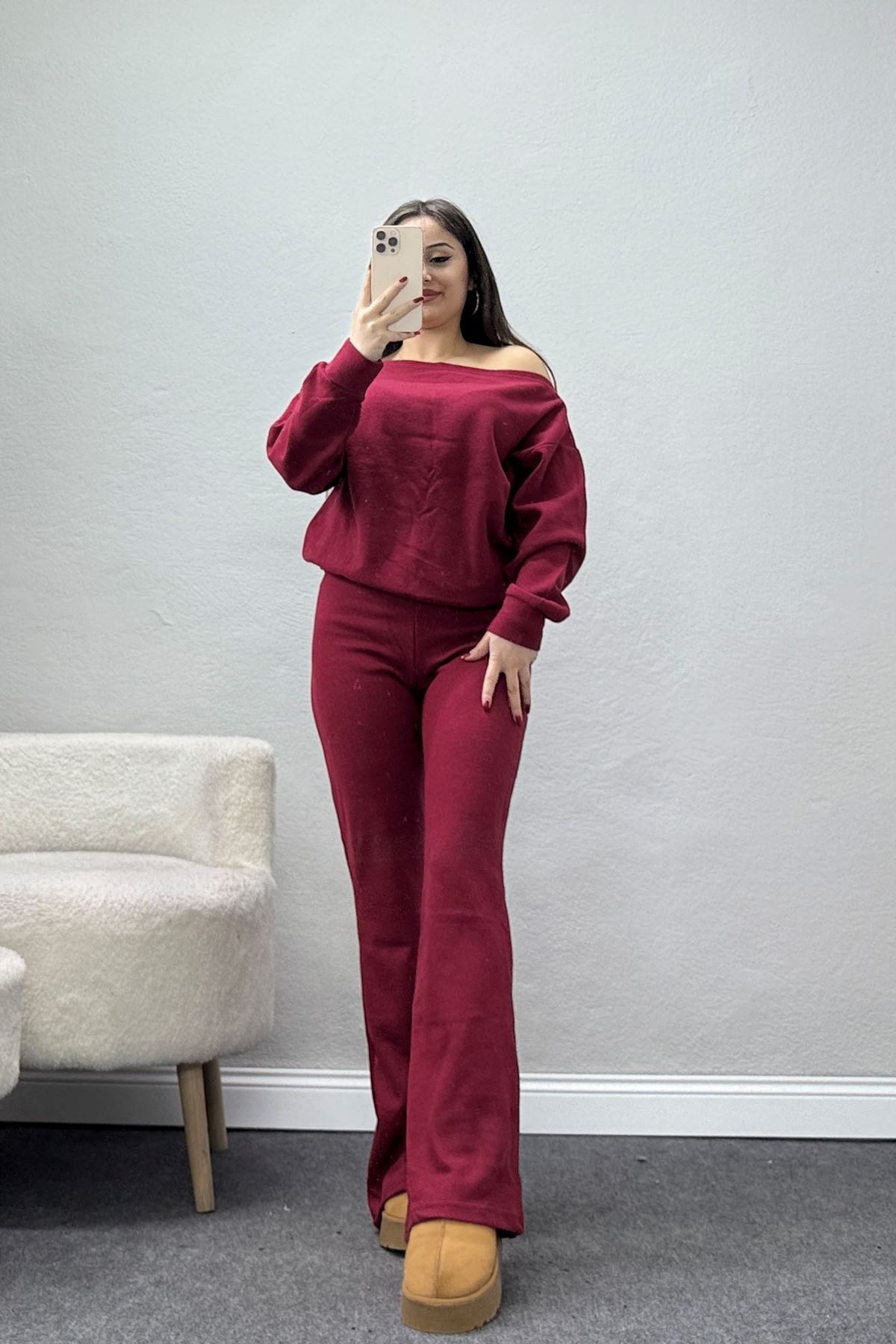 Kayık Yaka Selanik Kumaş İkili Takım Bordo - 42739.1567.