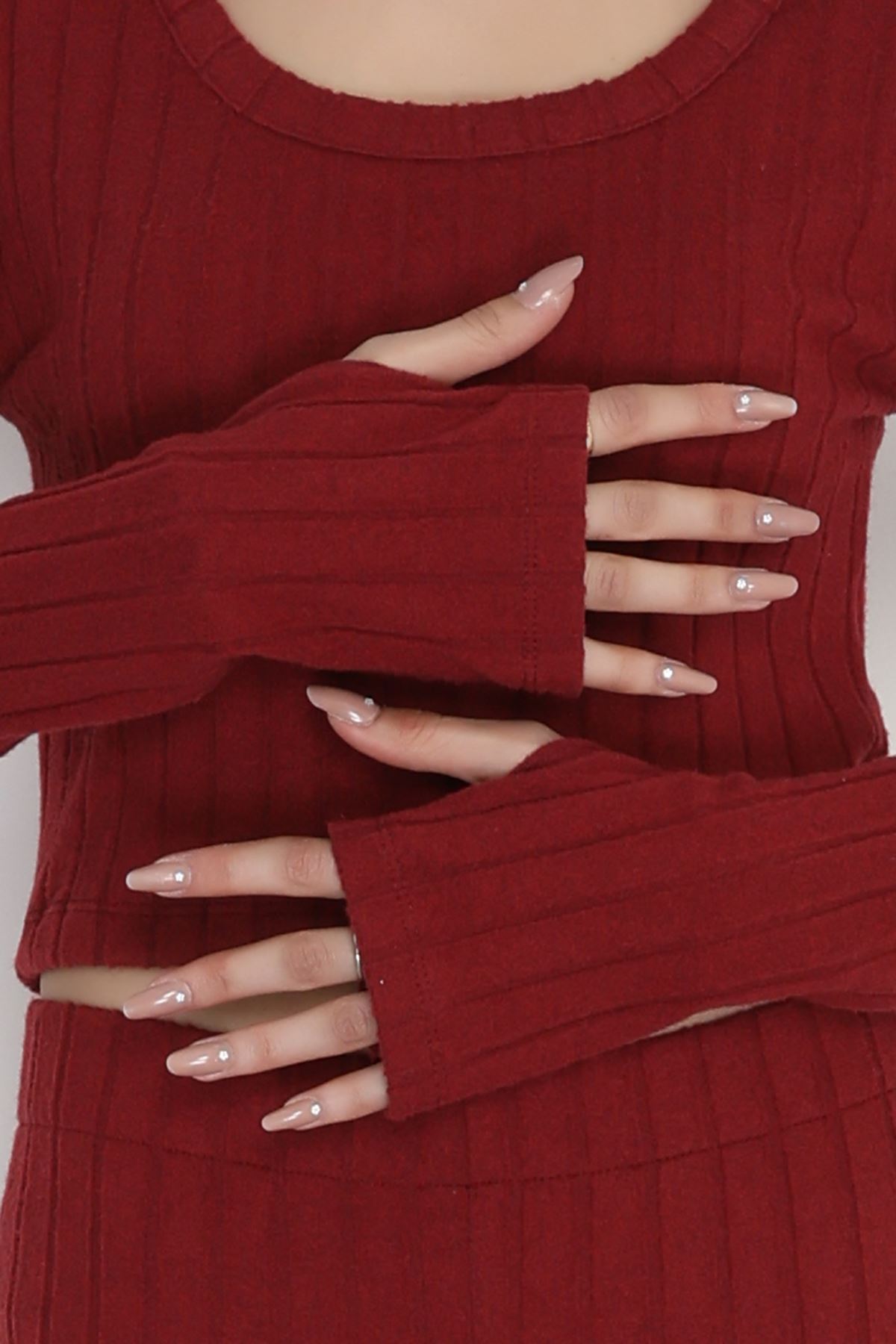 Parmak Geçmeli U Yaka Raporlu İnterlok Takım Bordo - 90975.1748.