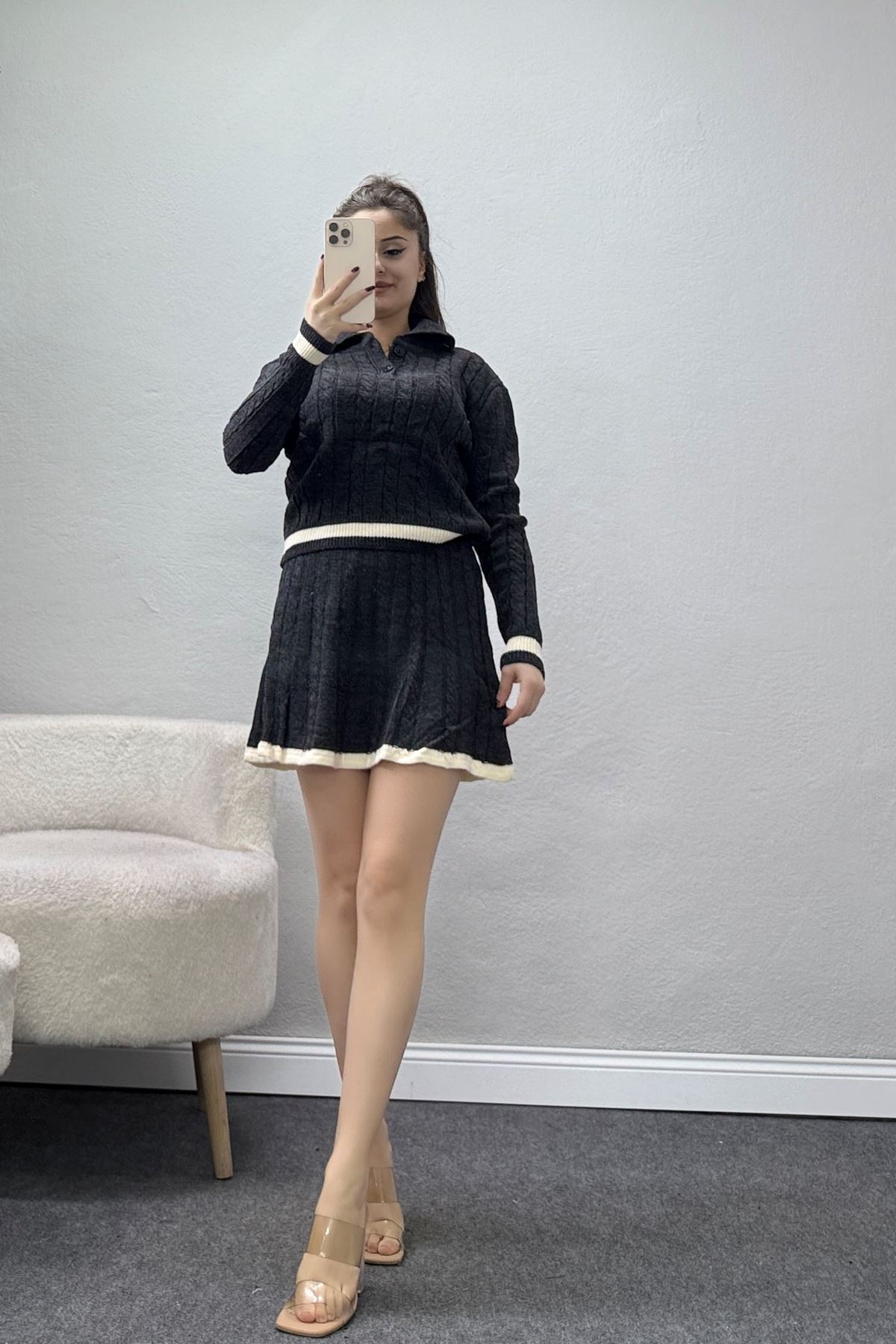 Gömlek Yaka Etekli Triko Takım Antrasit - 2300.1247.