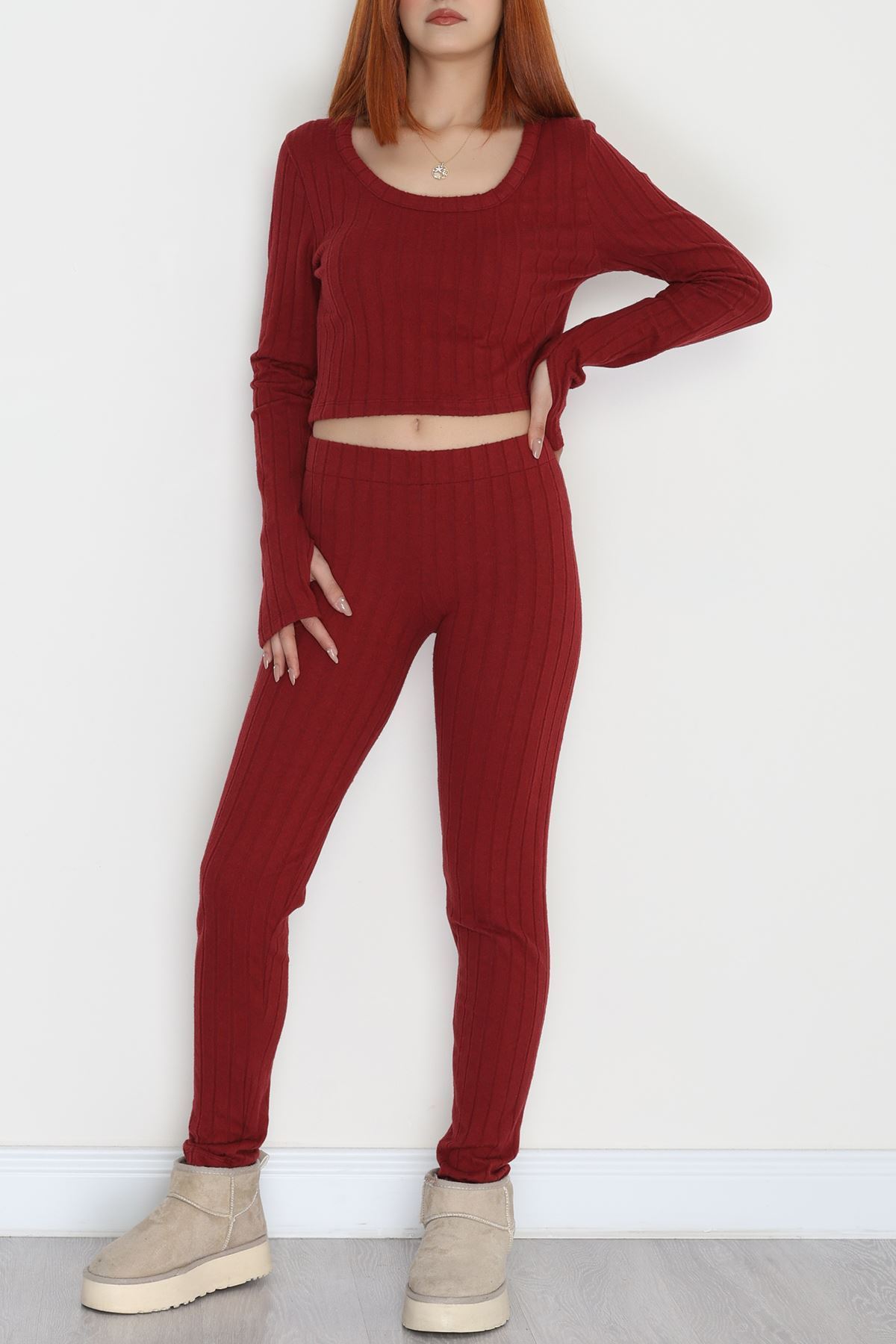 Parmak Geçmeli U Yaka Raporlu İnterlok Takım Bordo - 90975.1748.