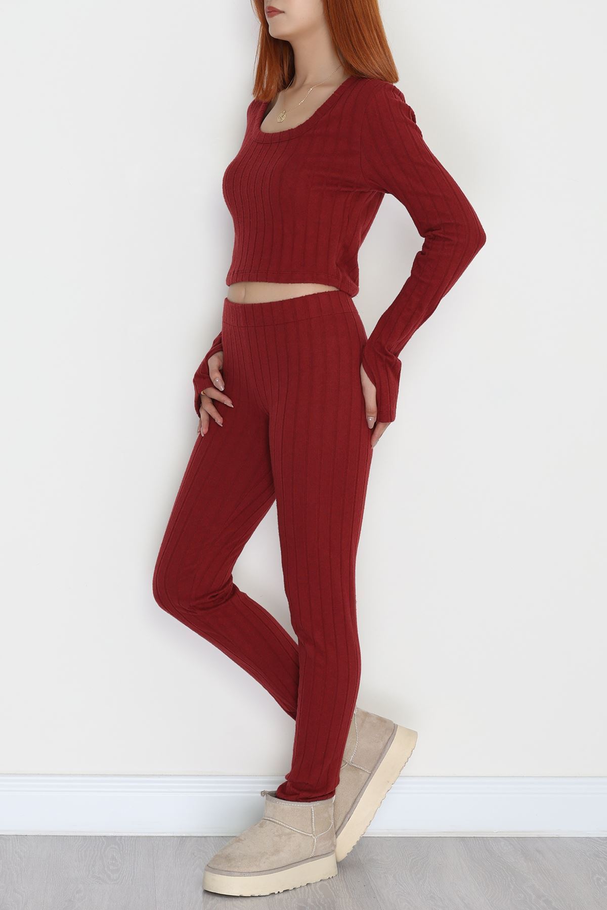 Parmak Geçmeli U Yaka Raporlu İnterlok Takım Bordo - 90975.1748.