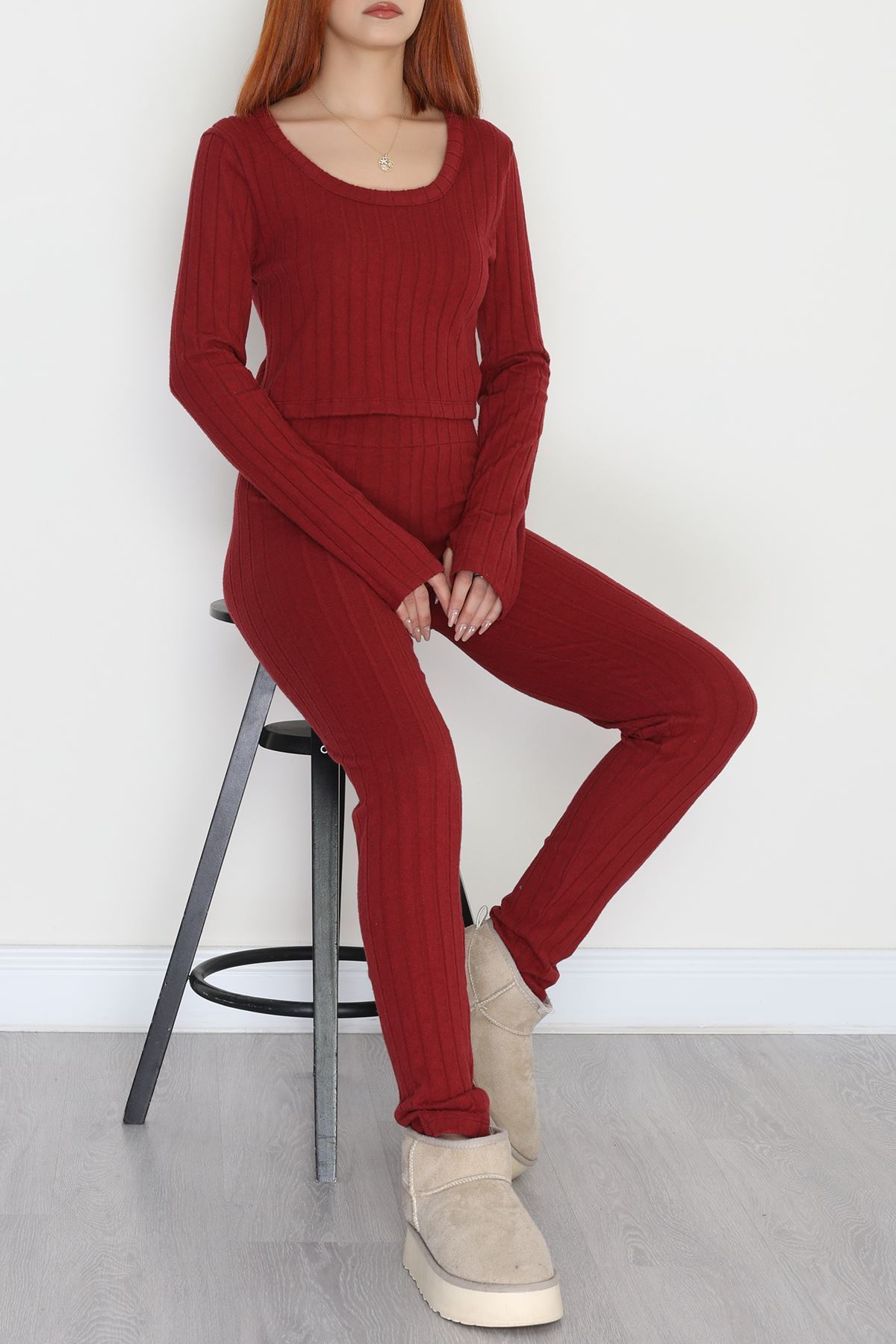 Parmak Geçmeli U Yaka Raporlu İnterlok Takım Bordo - 90975.1748.