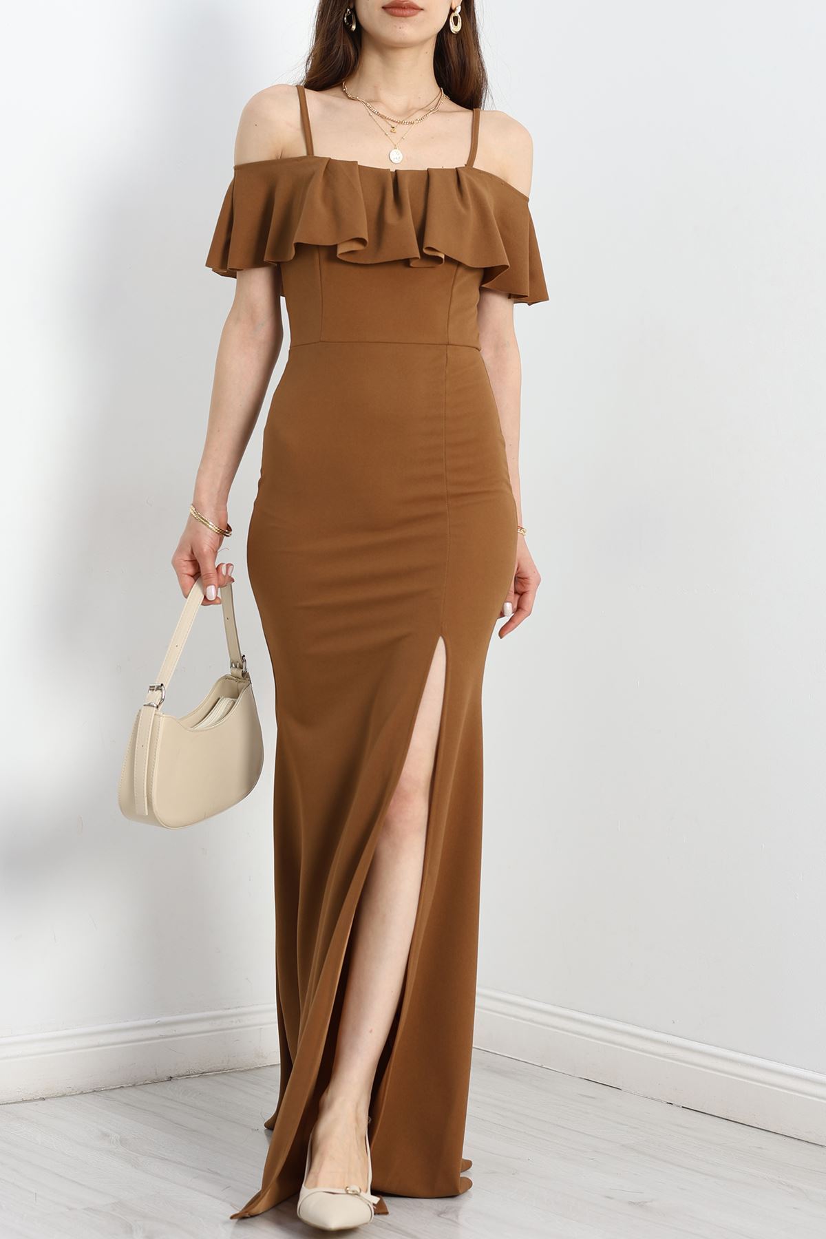 Volanlı Krep Elbise Kahverengi - 582587.1592.