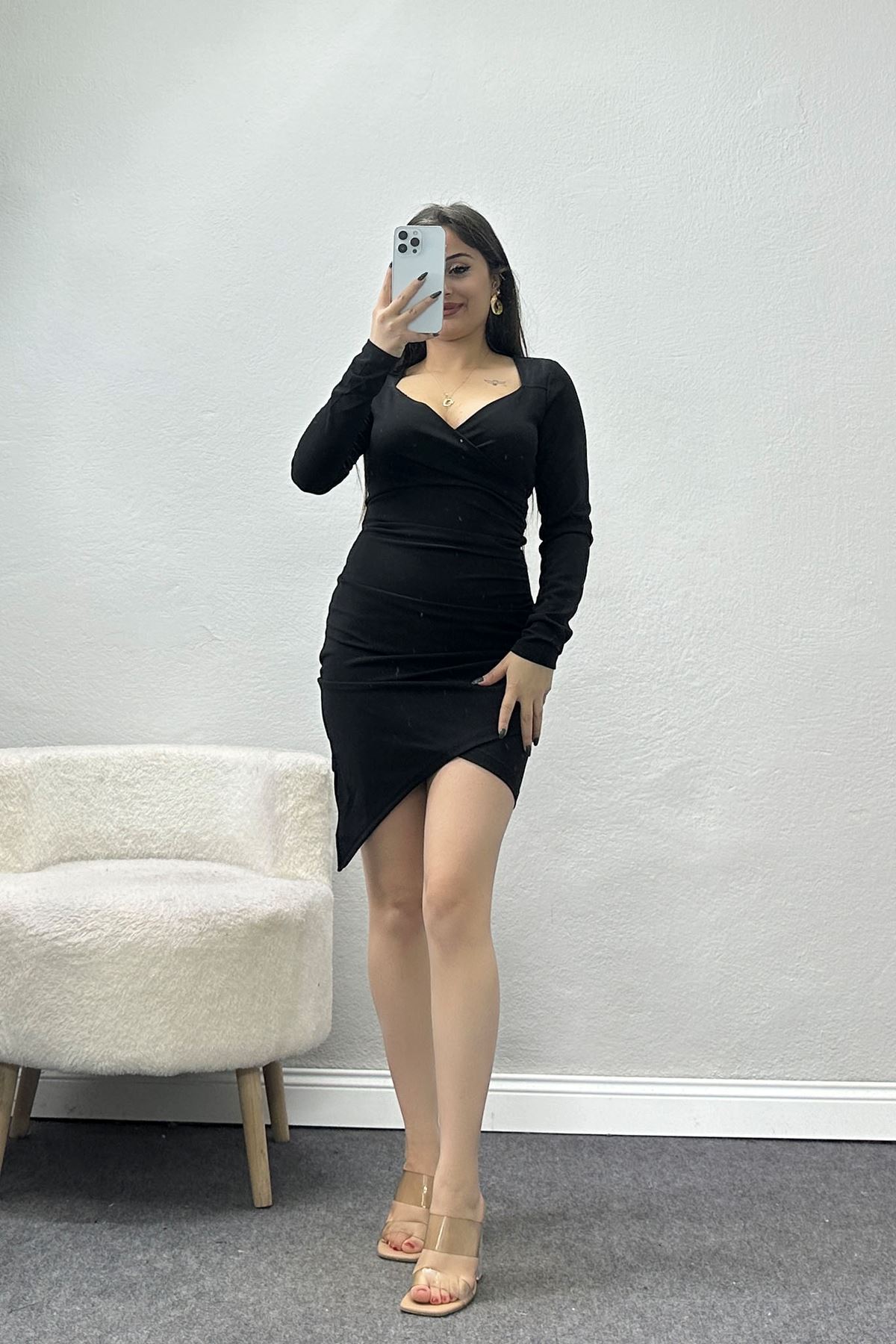 Asimetrik İthal Krep Elbise Siyah - 582001.1592.