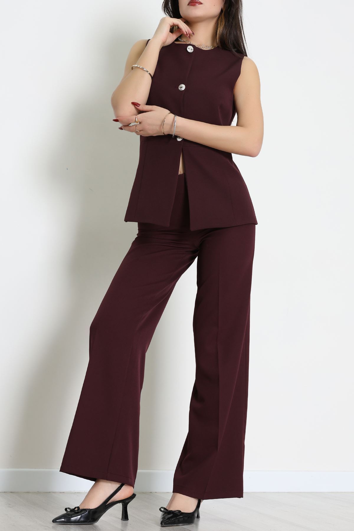 Düğmeli Dabıl İkili Takım Mürdüm - 55039.1991.