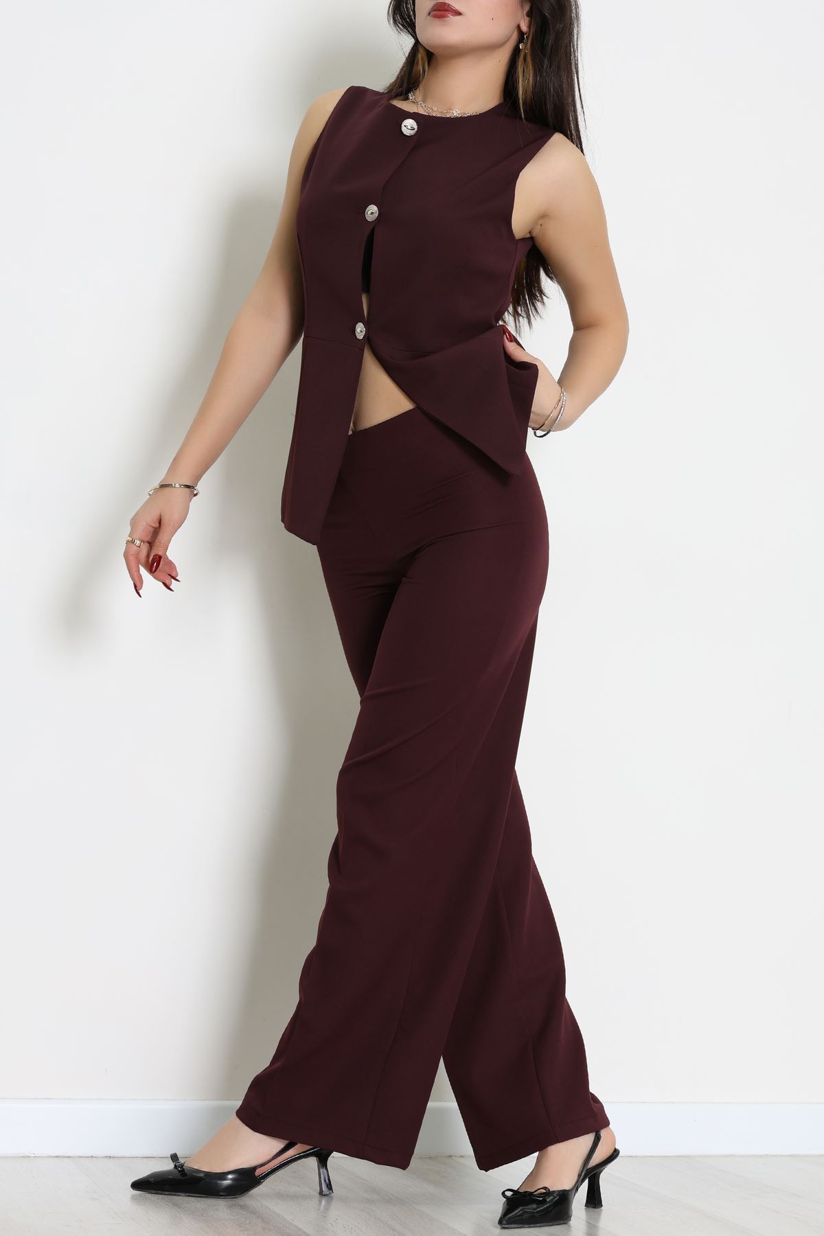 Düğmeli Dabıl İkili Takım Mürdüm - 55039.1991.