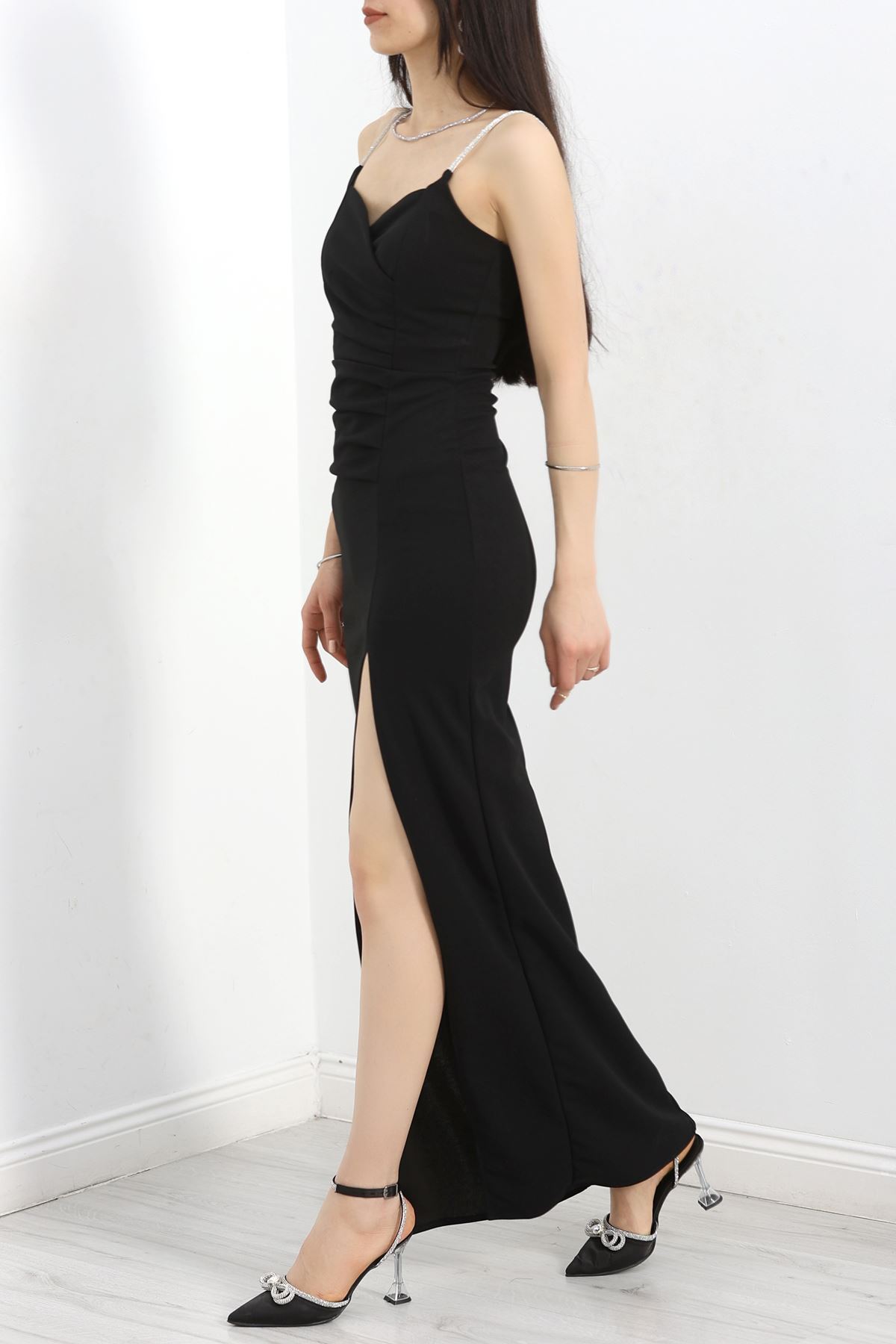 Taş Askılı Uzun Elbise Siyah - 583173.1592.