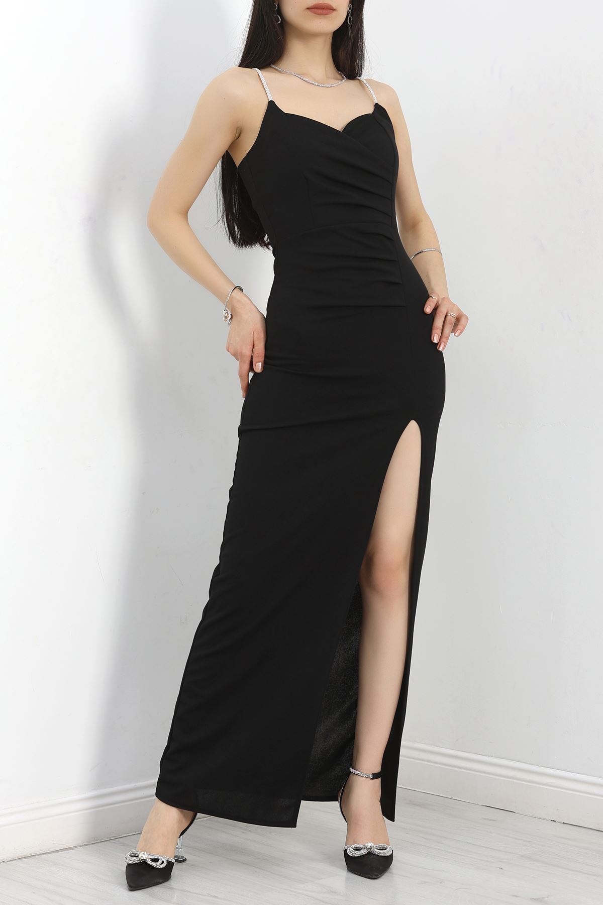 Taş Askılı Uzun Elbise Siyah - 583173.1592.