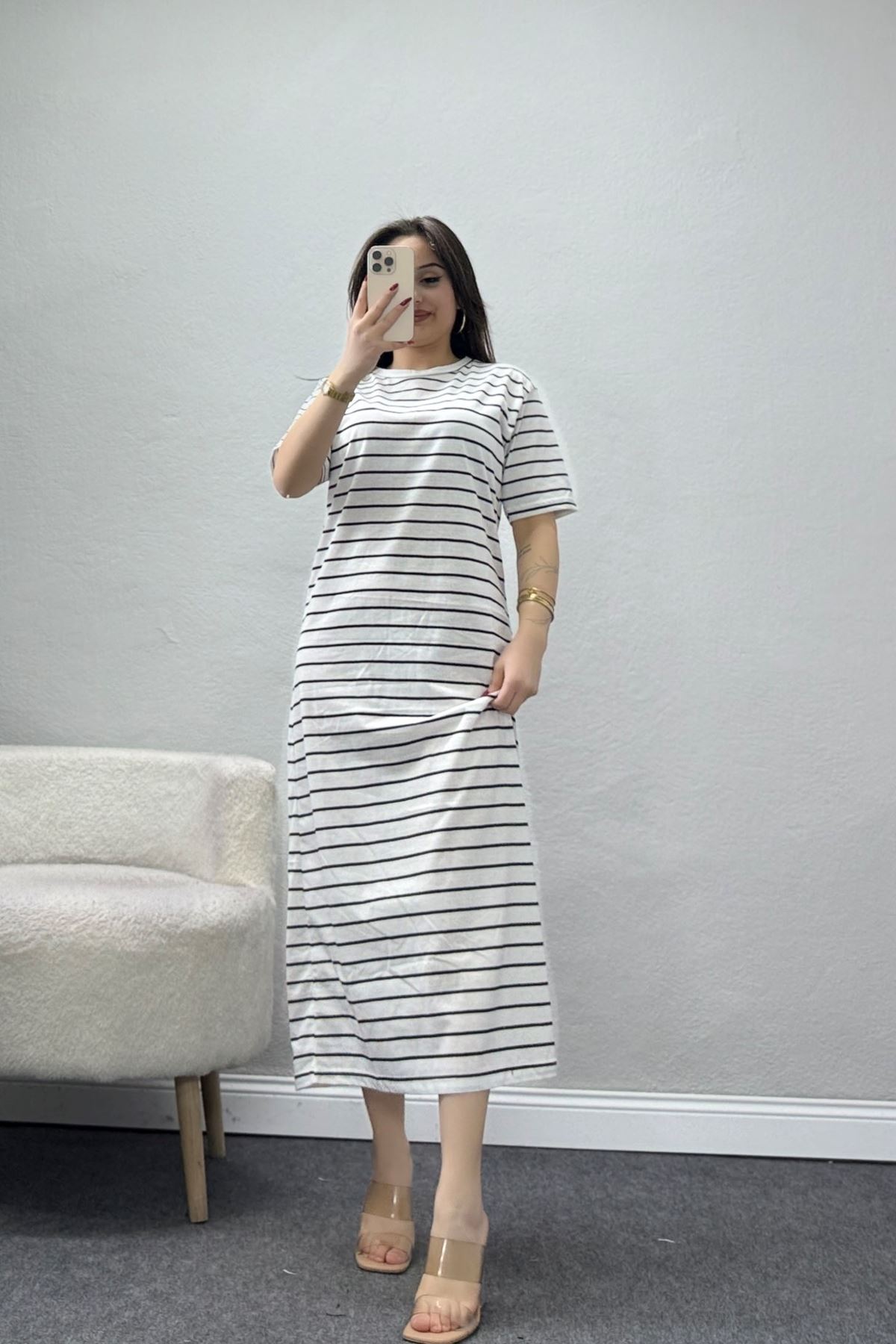 Bisiklet Yaka Süprem Penye Elbise Beyazsiyah - 70824.1567.