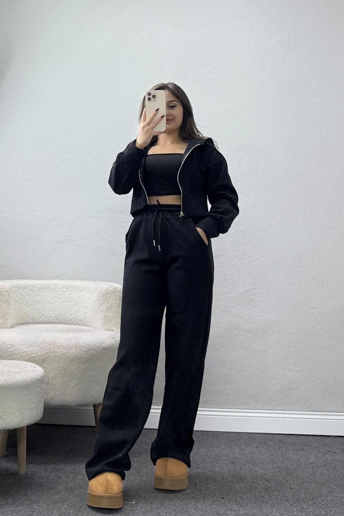 Fermuarlı Kapşonlu Selanik İkili Takım Siyah - 42639.1567.