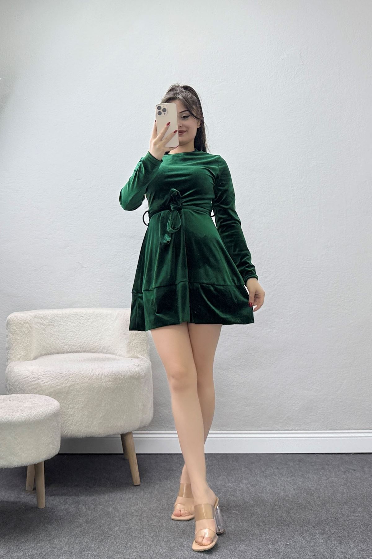 Kemer Detaylı İthal Kadife Elbise Zümrüt - 42581.1949.