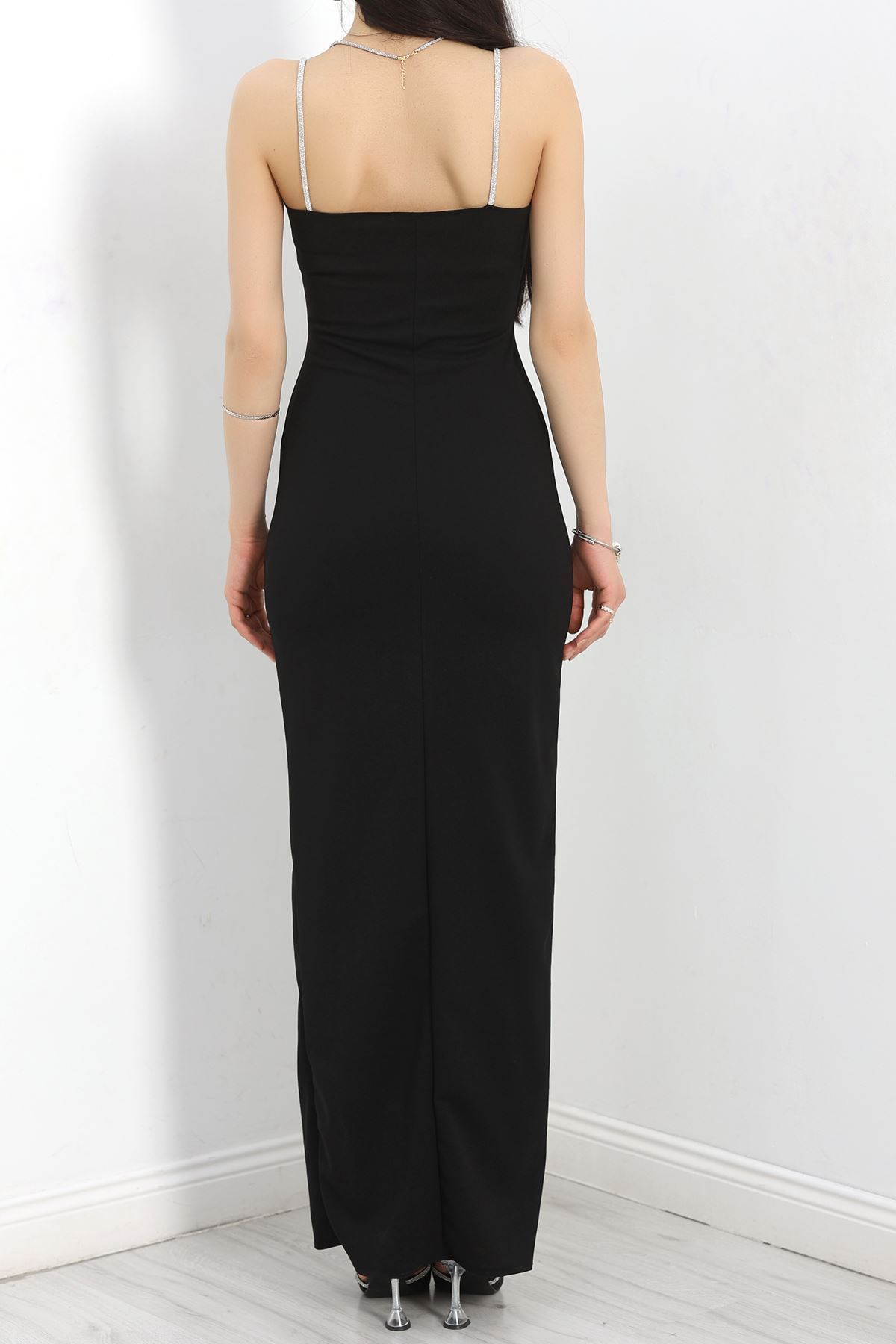 Taş Askılı Uzun Elbise Siyah - 583173.1592.