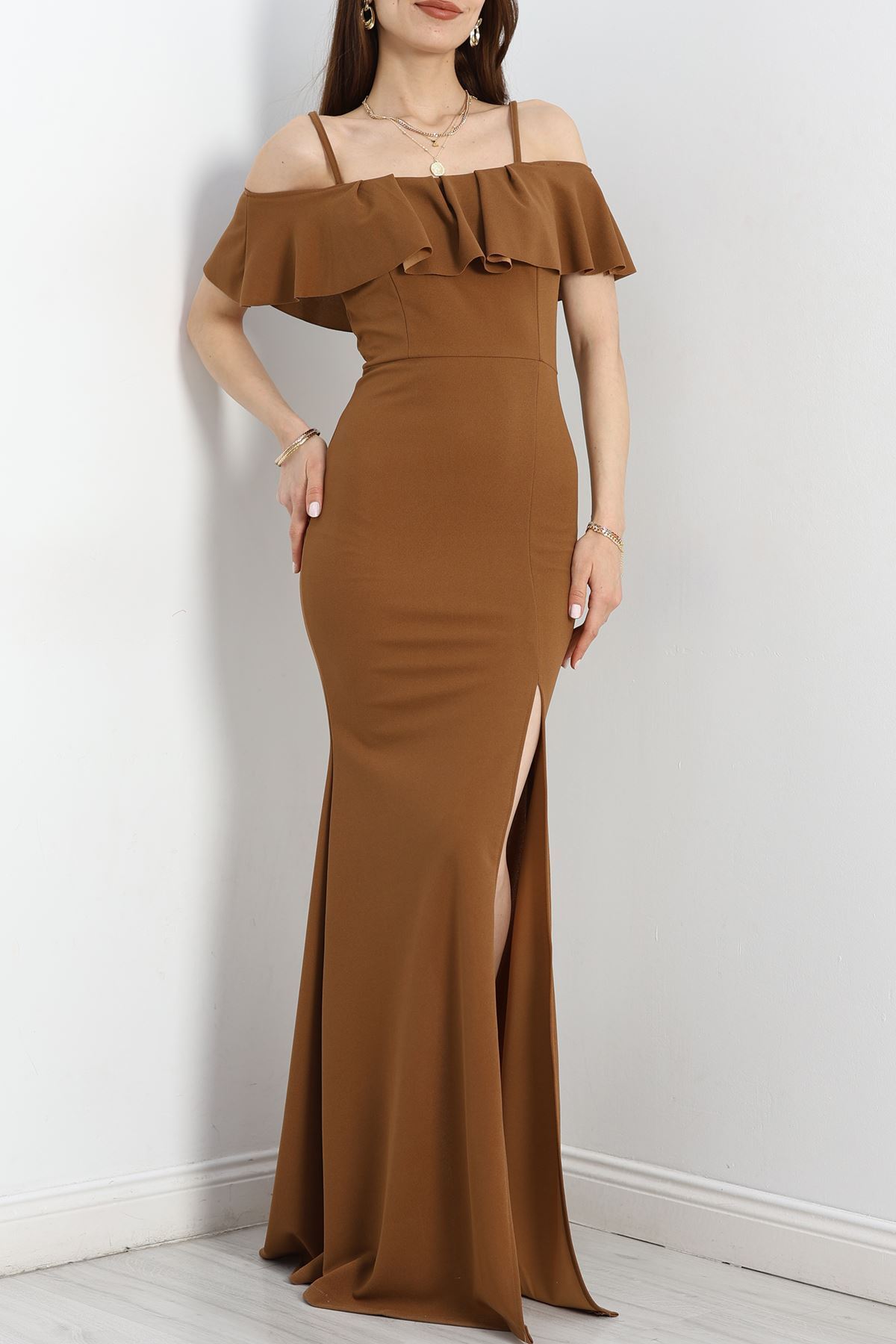 Volanlı Krep Elbise Kahverengi - 582587.1592.