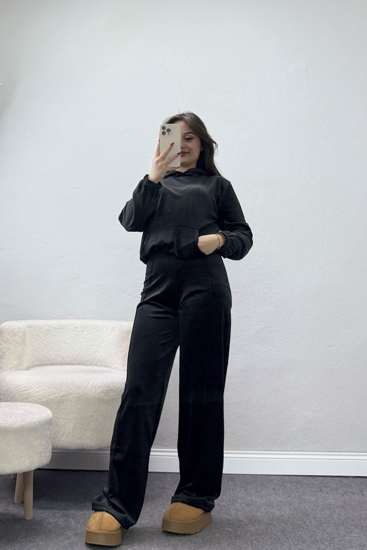 Kapşonlu Kadife Takım Siyah - 466.1287.