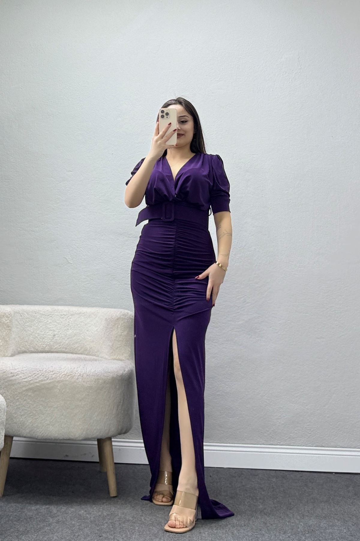 Kemer Detaylı Sandy Elbise Mürdüm - 582464.1592.