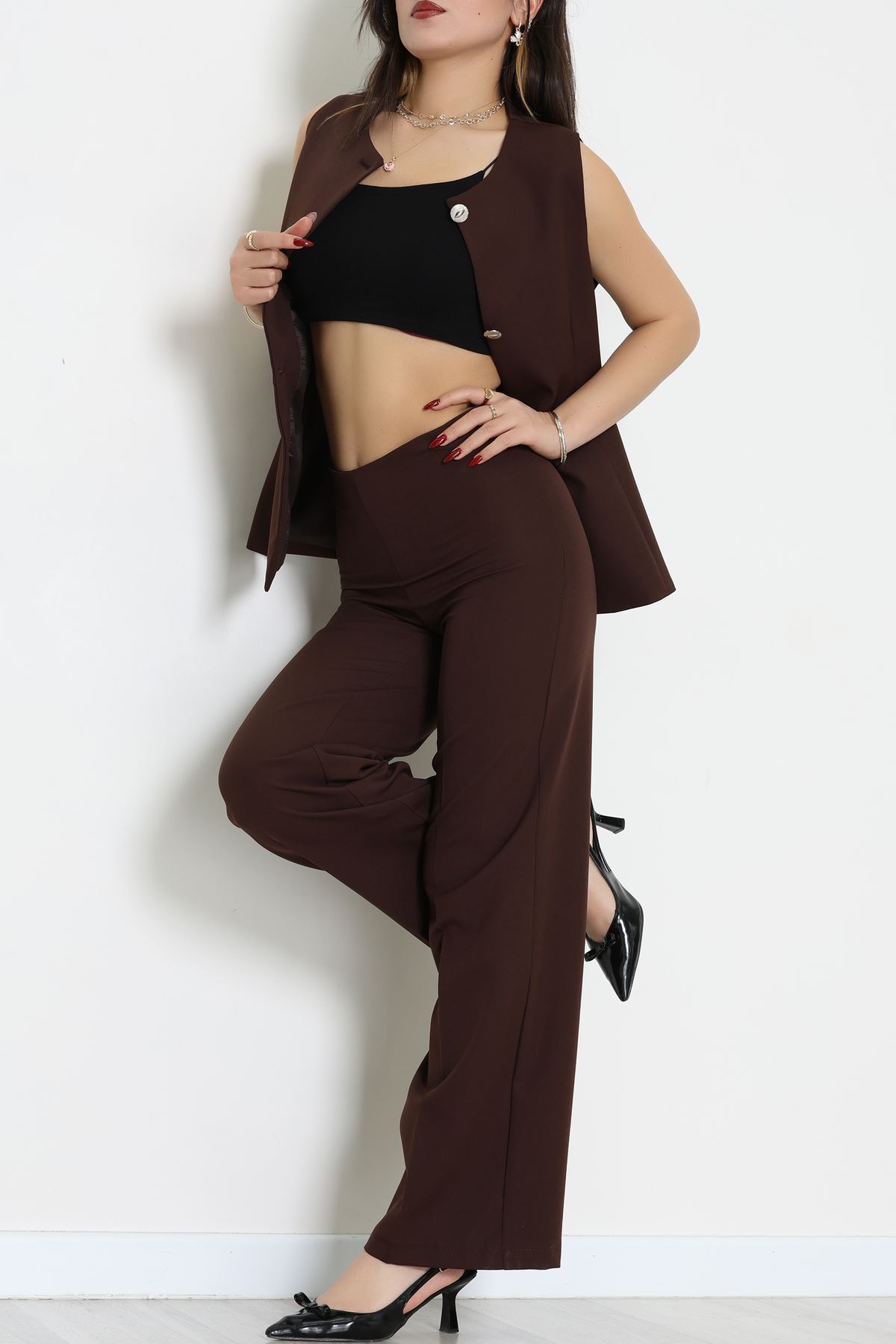 Düğmeli Dabıl İkili Takım Kahve - 55039.1991.