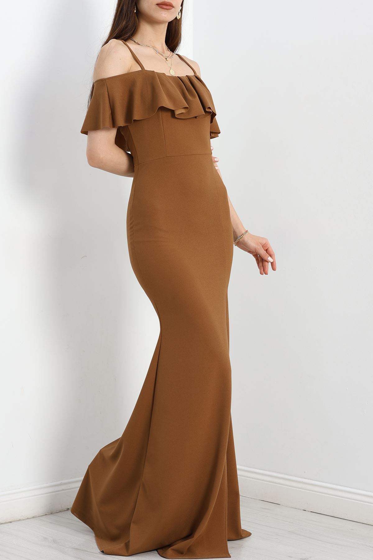 Volanlı Krep Elbise Kahverengi - 582587.1592.