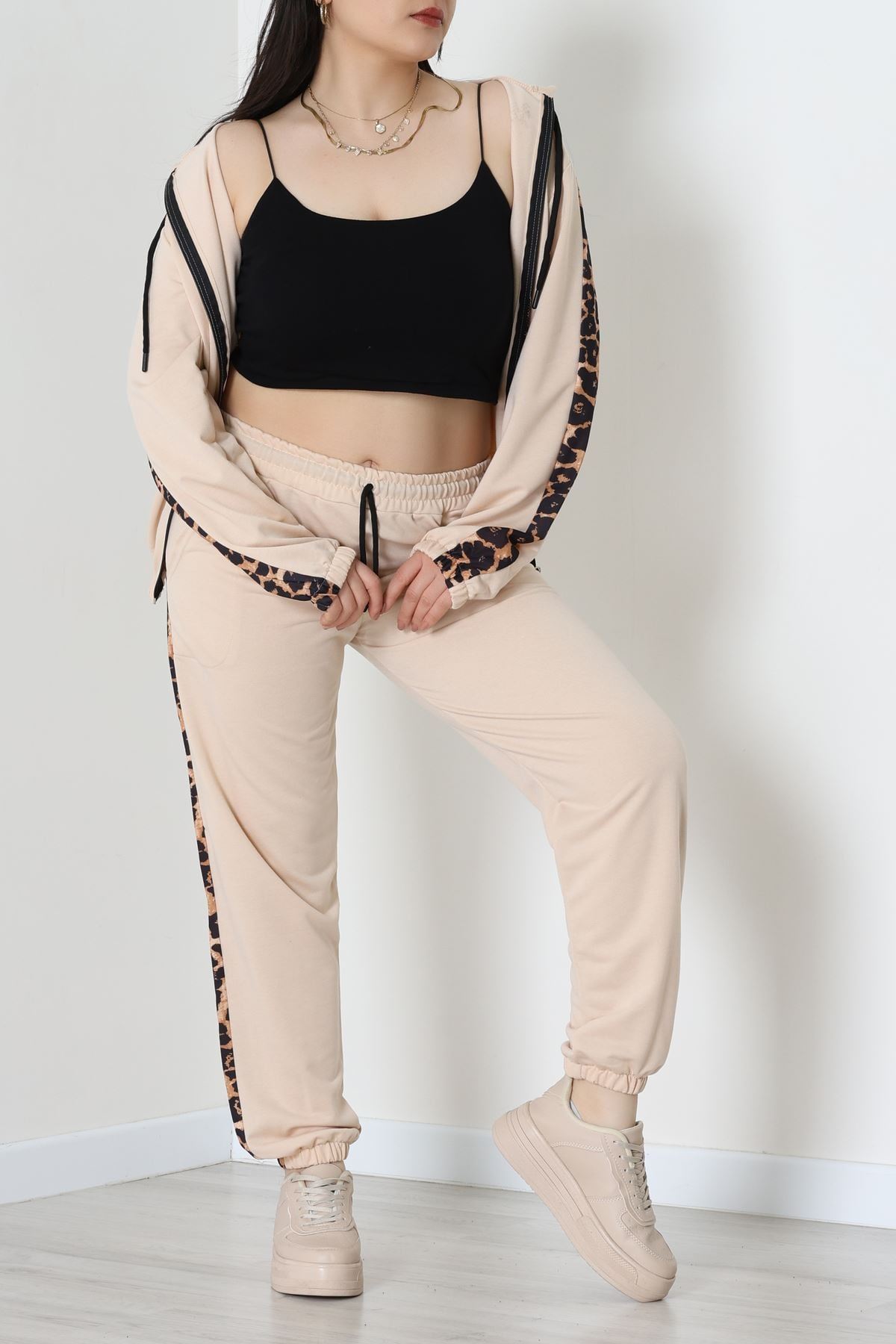 Şeritli 2 İplik Büyük Beden Eşofman Takımı Bej - 50806.1857.