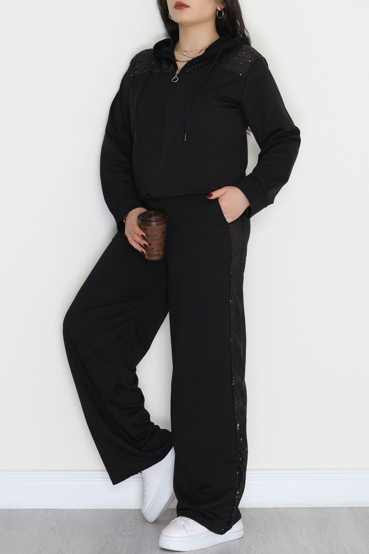 Pul Detay 2 İplik Büyük Beden Eşofman Takımı Siyah - 50804.1857.