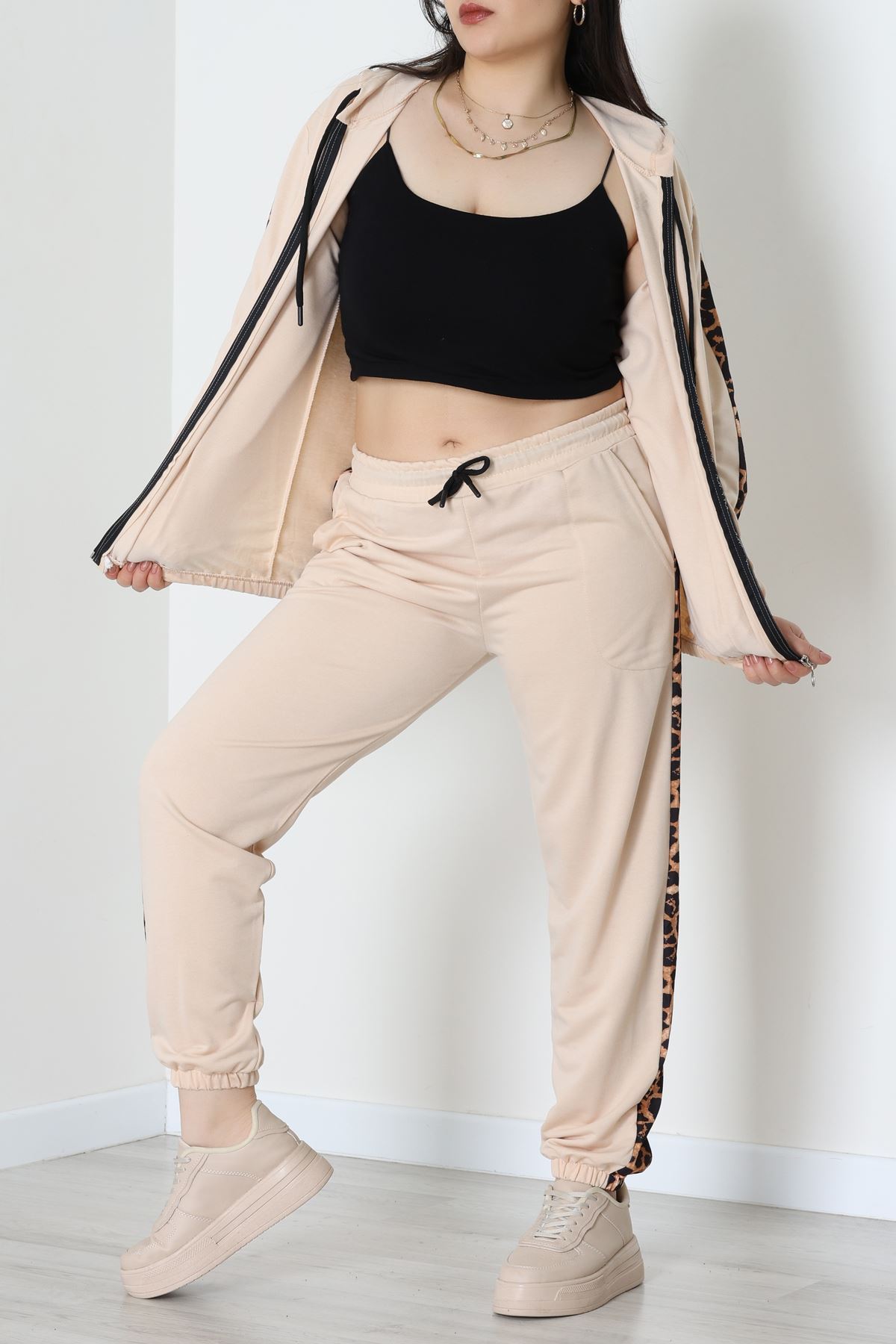 Şeritli 2 İplik Büyük Beden Eşofman Takımı Bej - 50806.1857.