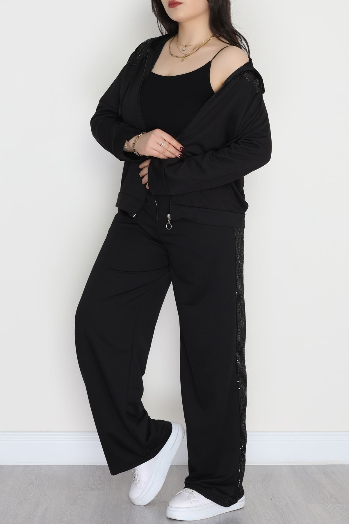Pul Detay 2 İplik Büyük Beden Eşofman Takımı Siyah - 50804.1857.