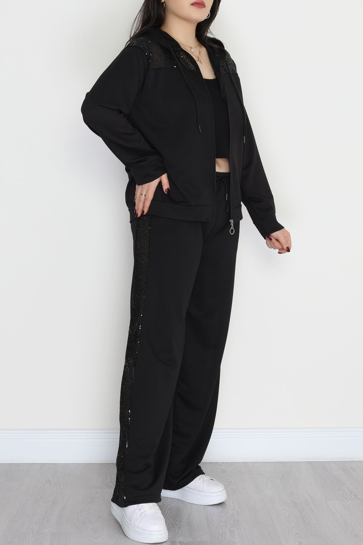 Pul Detay 2 İplik Büyük Beden Eşofman Takımı Siyah - 50804.1857.