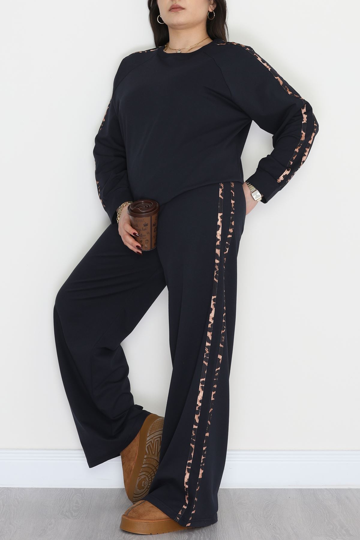 Şeritli 2 İplik Büyük Beden Eşofman Takımı Lacivert - 50784.1857.