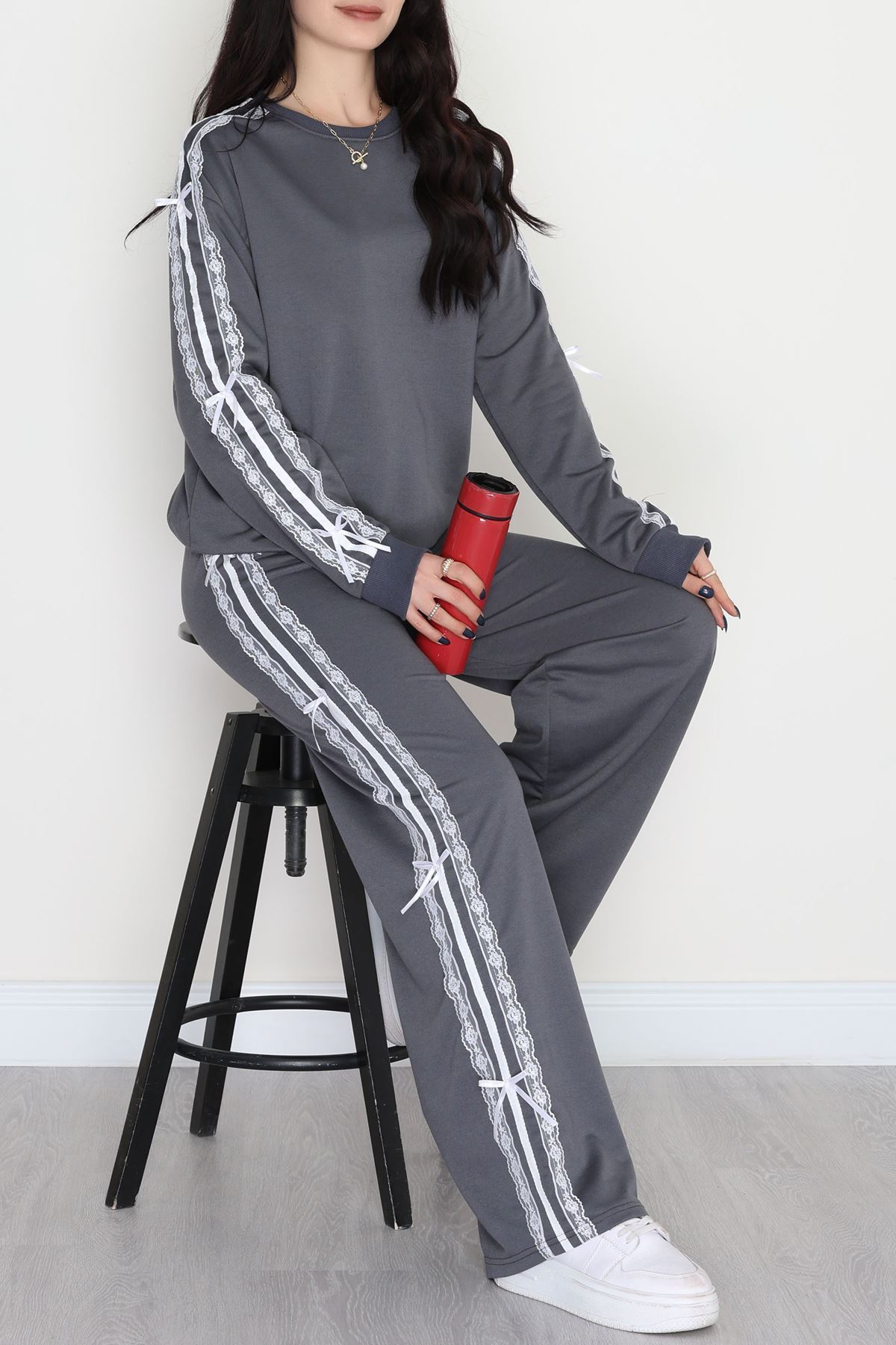 Dantel Şeritli 2 İplik Eşofman Takımı Füme - 50801.1857.