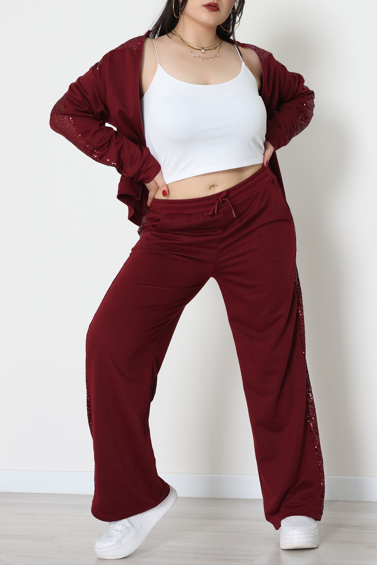 Pul Garnili 2 İplik Büyük Beden Eşofman Takımı Bordo - 52108.1567.