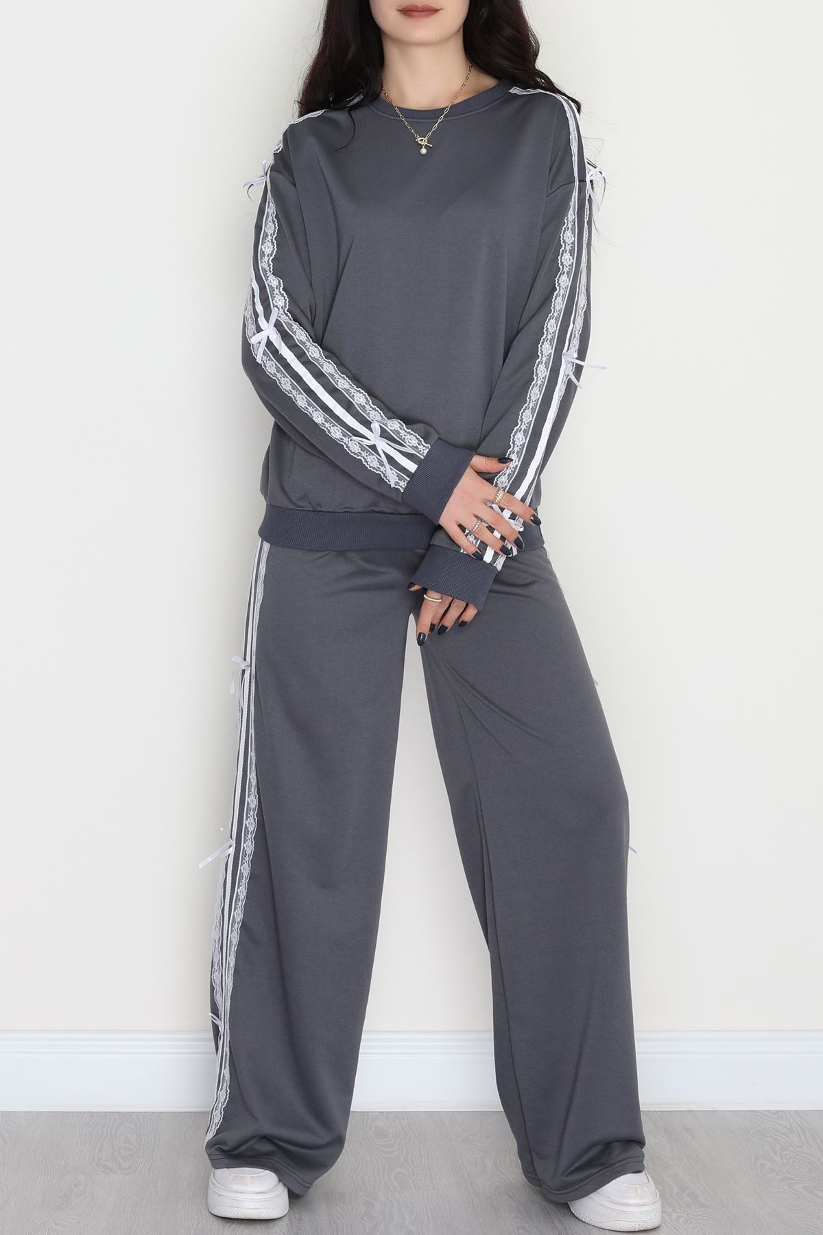 Dantel Şeritli 2 İplik Eşofman Takımı Füme - 50801.1857.