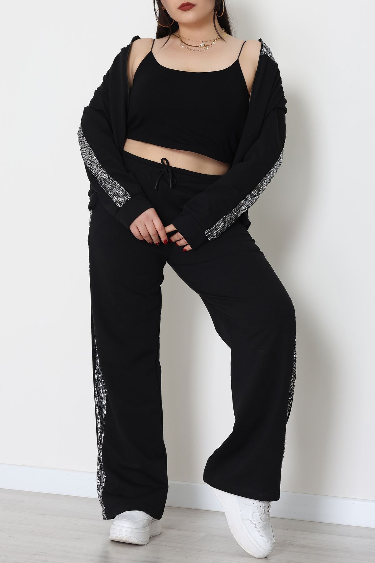 Pul Garnili 2 İplik Büyük Beden Eşofman Takımı Siyahgümüş - 52108.1567.