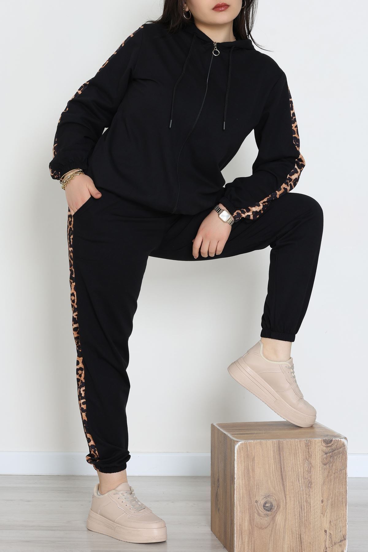 Şeritli 2 İplik Büyük Beden Eşofman Takımı Siyah - 50806.1857.