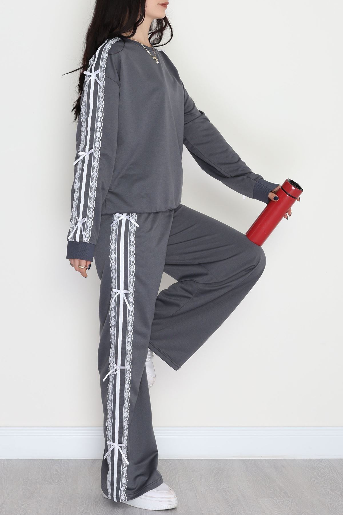 Dantel Şeritli 2 İplik Eşofman Takımı Füme - 50801.1857.