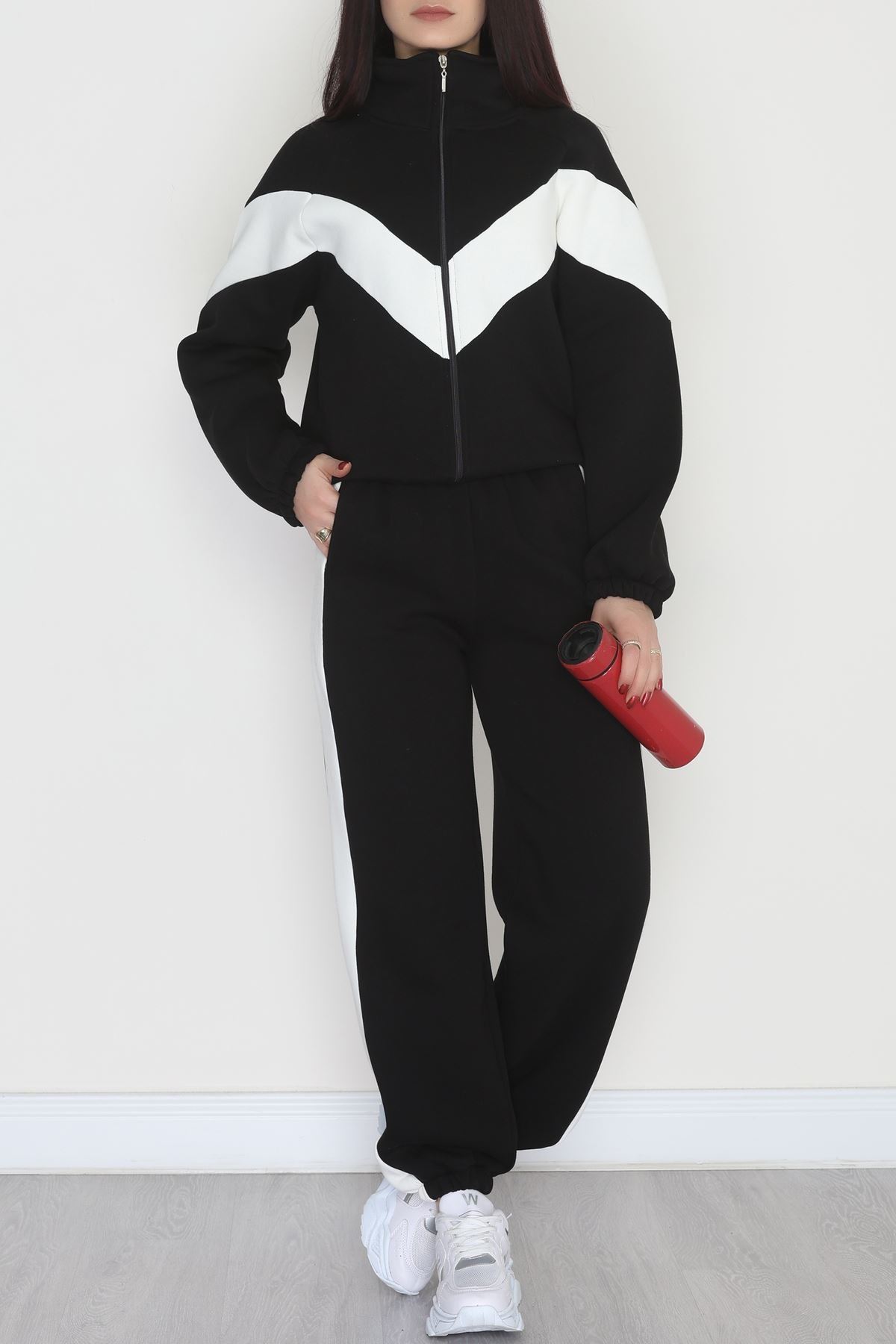 3 İplik Kompakt Fermuarlı Eşofman Takım Siyahekru - 42523.1878.