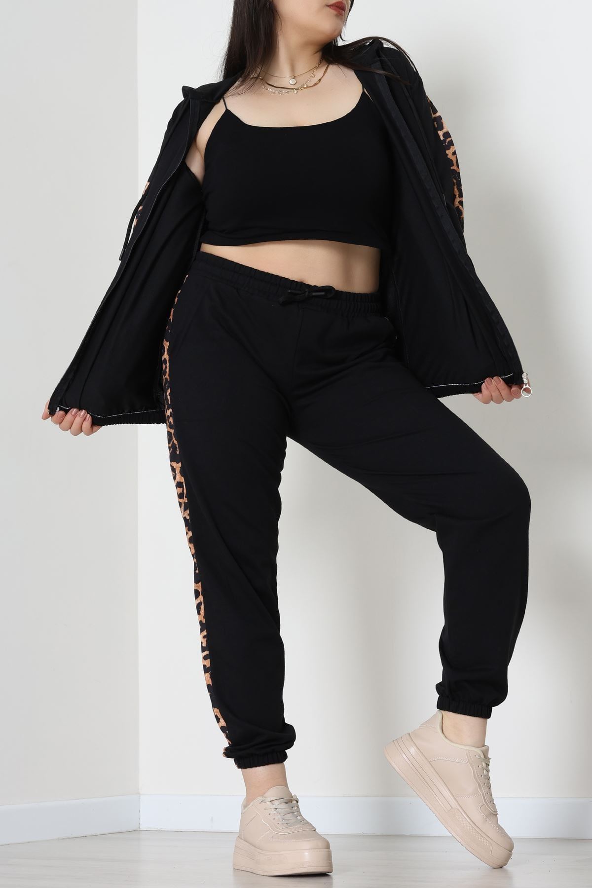 Şeritli 2 İplik Büyük Beden Eşofman Takımı Siyah - 50806.1857.