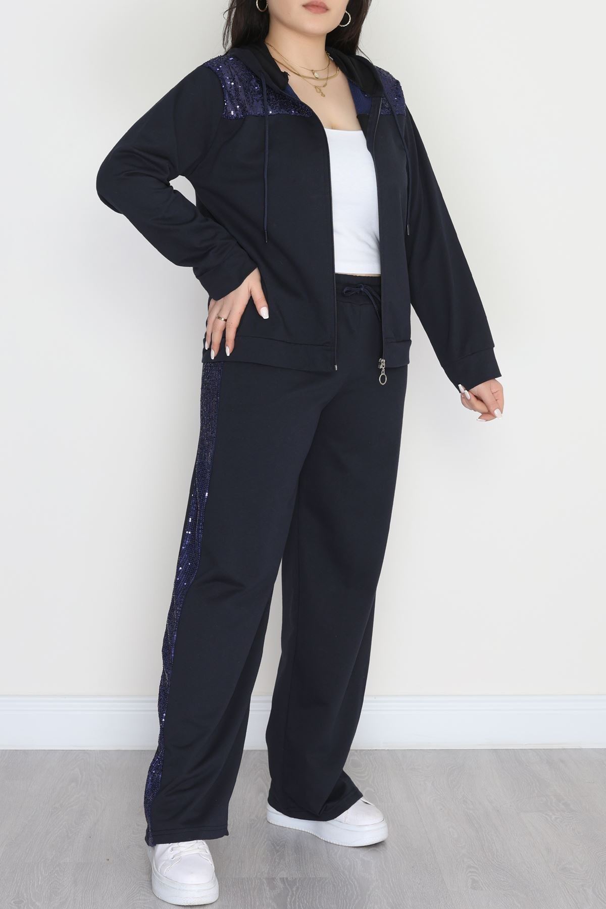 Pul Detay 2 İplik Büyük Beden Eşofman Takımı Lacivert - 50804.1857.