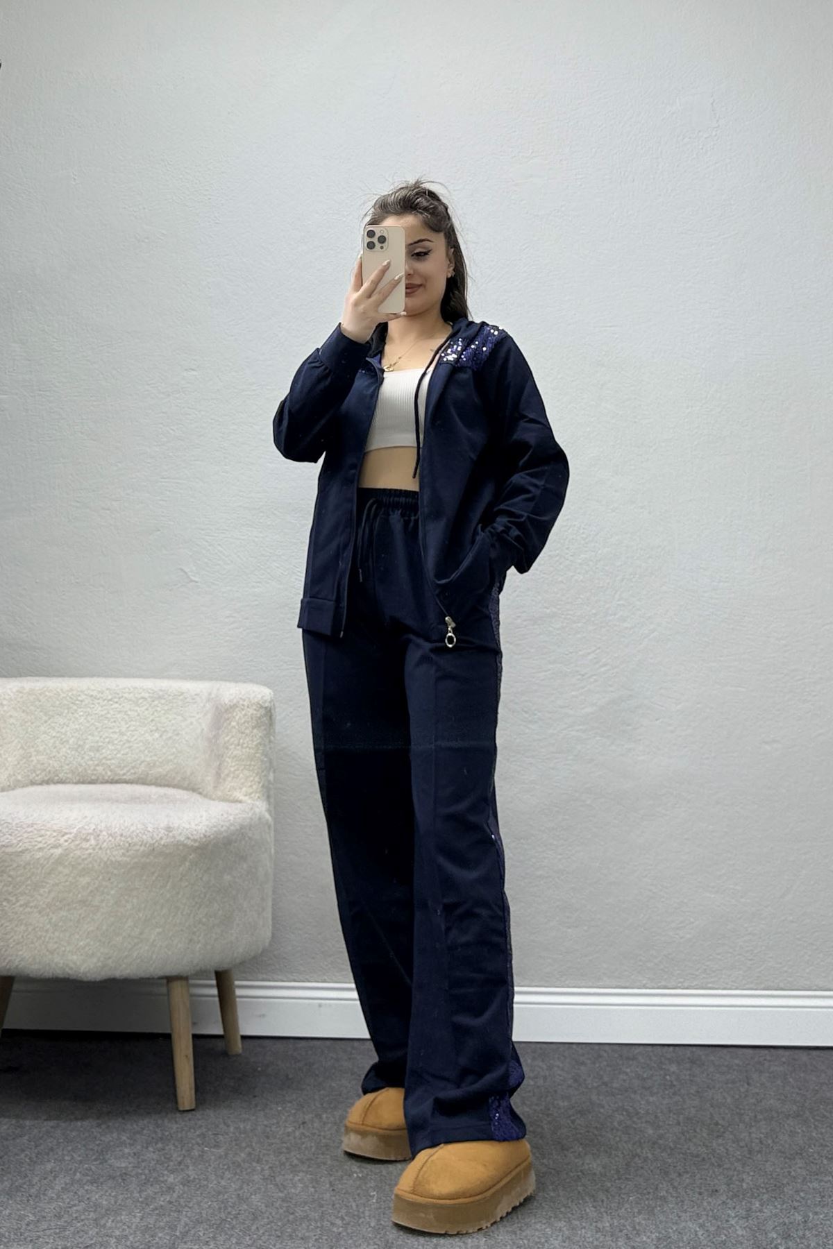 Pul İşlemeli 2 İplik Eşofman Takımı Lacivert - 40016.1857.