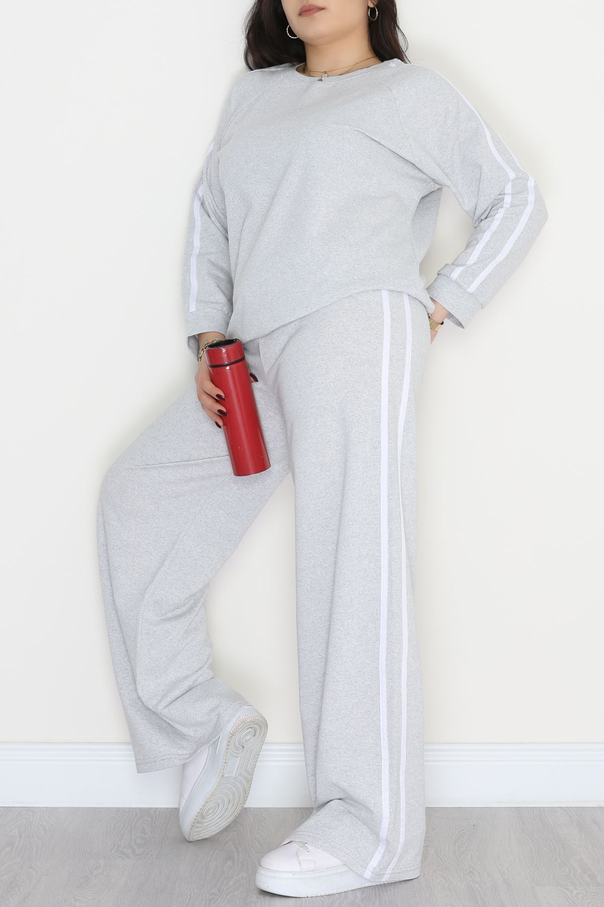 Şeritli 2 İplik Büyük Beden Eşofman Takımı Gri - 50787.1857.