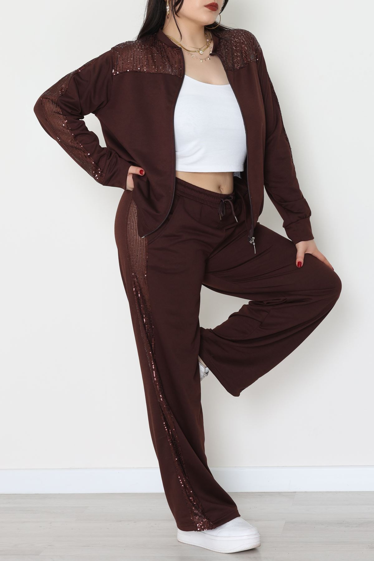 Pul Garnili 2 İplik Büyük Beden Eşofman Takımı Kahve - 52108.1567.